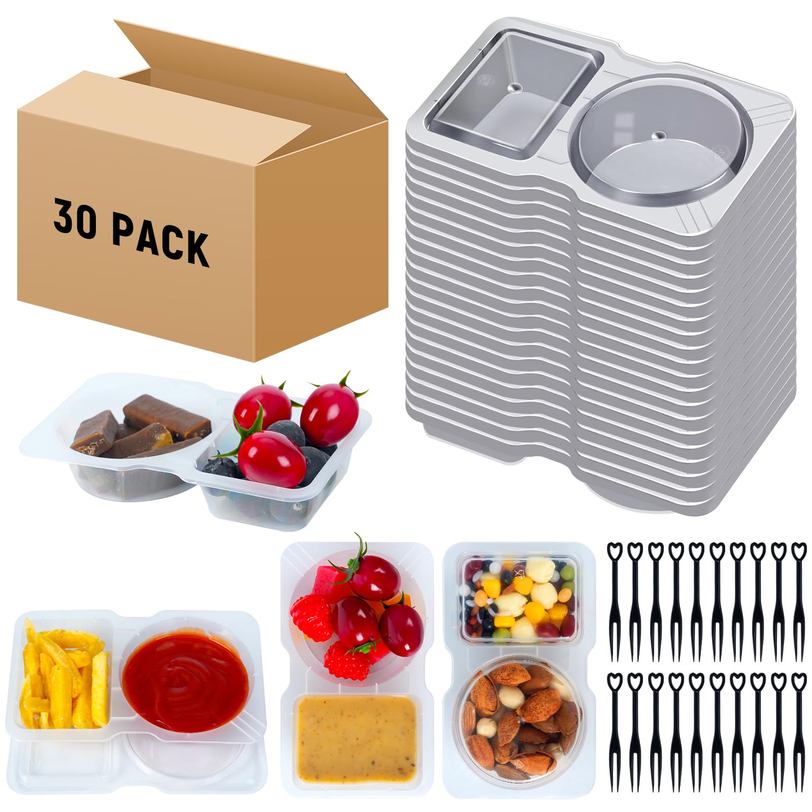 30 Sets Reusable Snack Container with Lids Double Compartment Condiment Container and 30 Forks Portable Snack Dipping Sauce Boxes for Travel Take Out Food Storage Box and Outdoor Camping