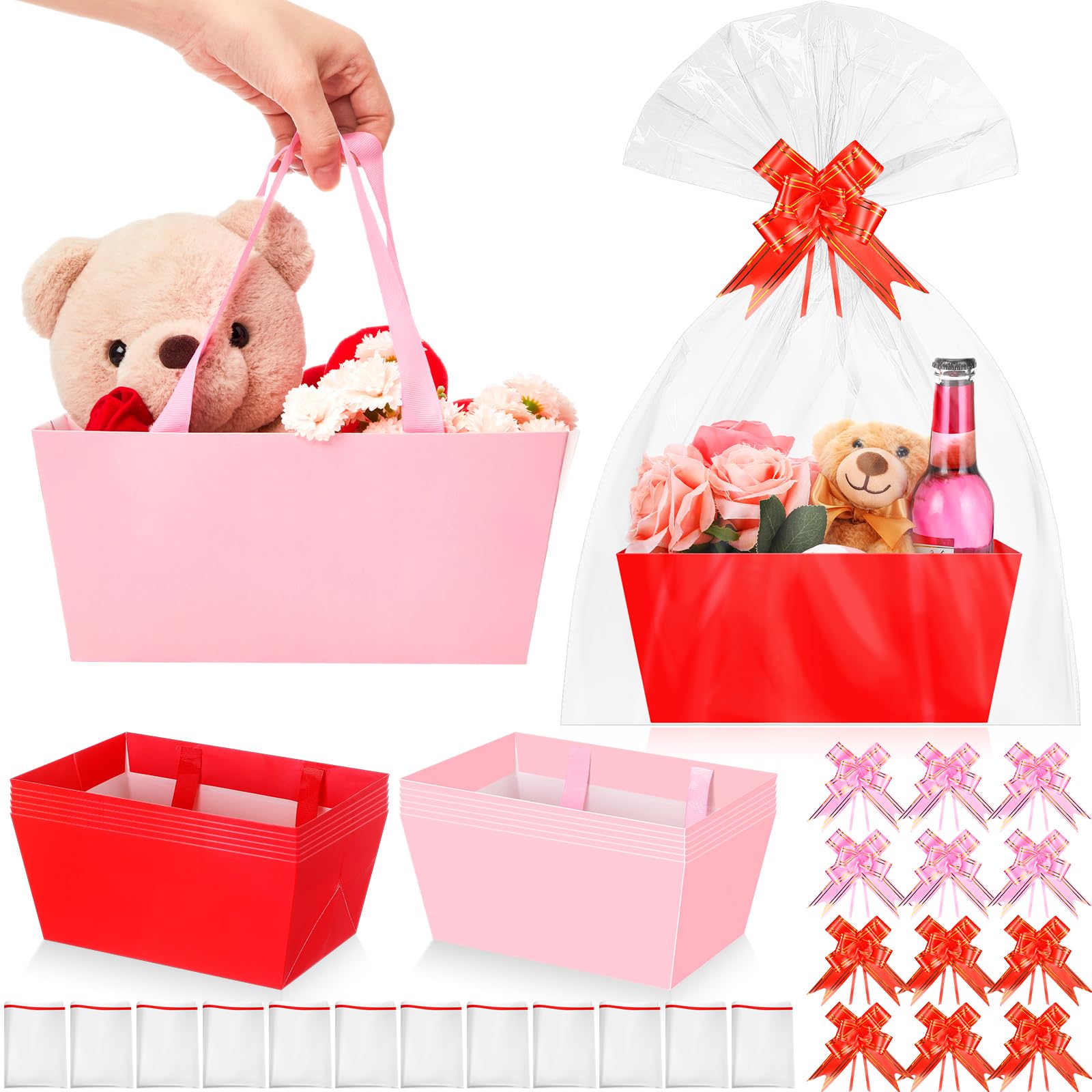12 Pcs Mother's Day Basket Empty Kit 9.8 x 6.5'' Red Pink Gift Basket Empty to Fill Bulk with Handles Plastic Bags Pull Bows Twists for Holiday Valentine Wedding Birthday Party Wrapping