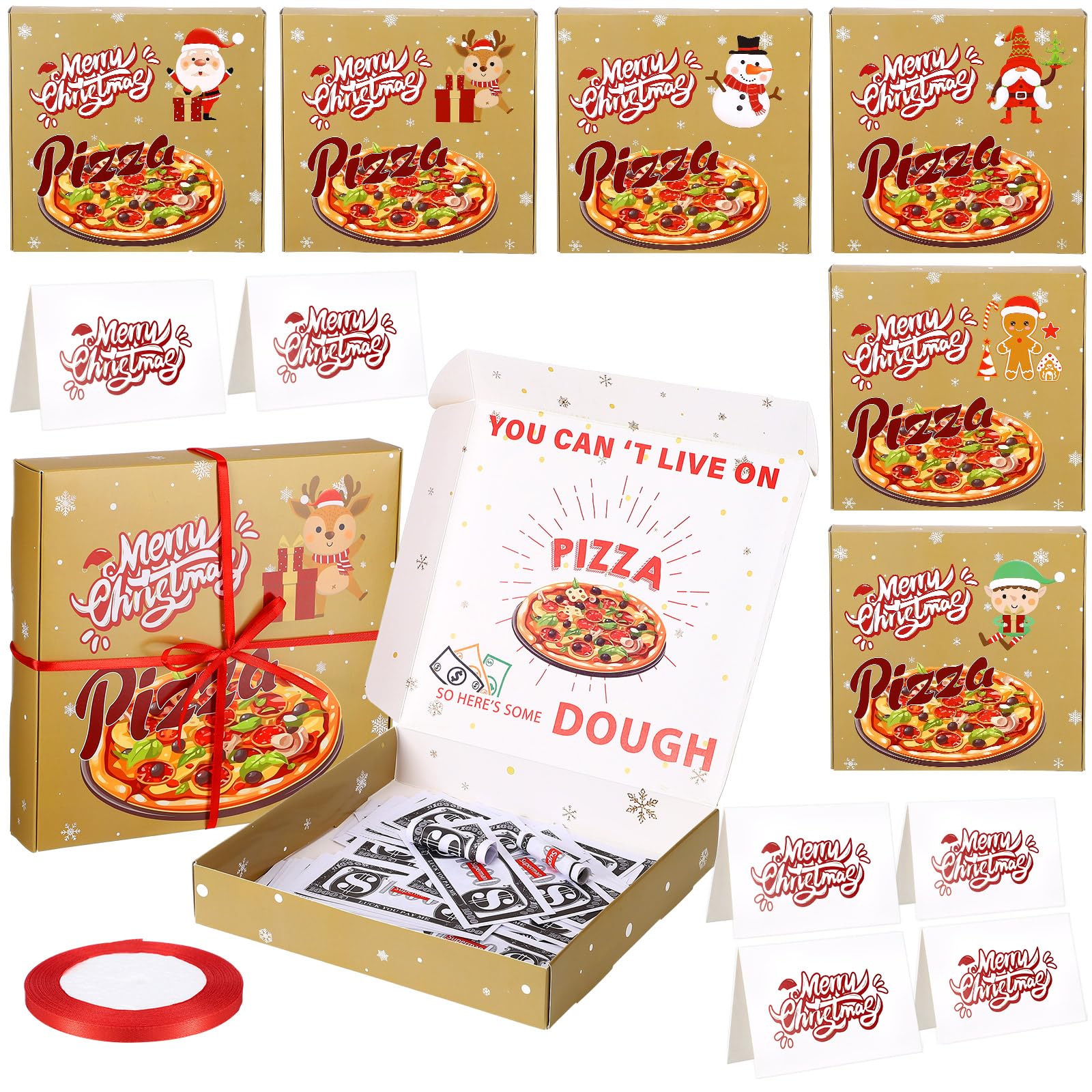 6 Set Christmas Pizza Money Boxes Gift Christmas Money Holders for Cash 6 Style Funny Xmas Pizza Box Shaped Holders 6 Wish Cards and 72 Feet Ribbon for Birthday Xmas Party Surprise Cash Gift