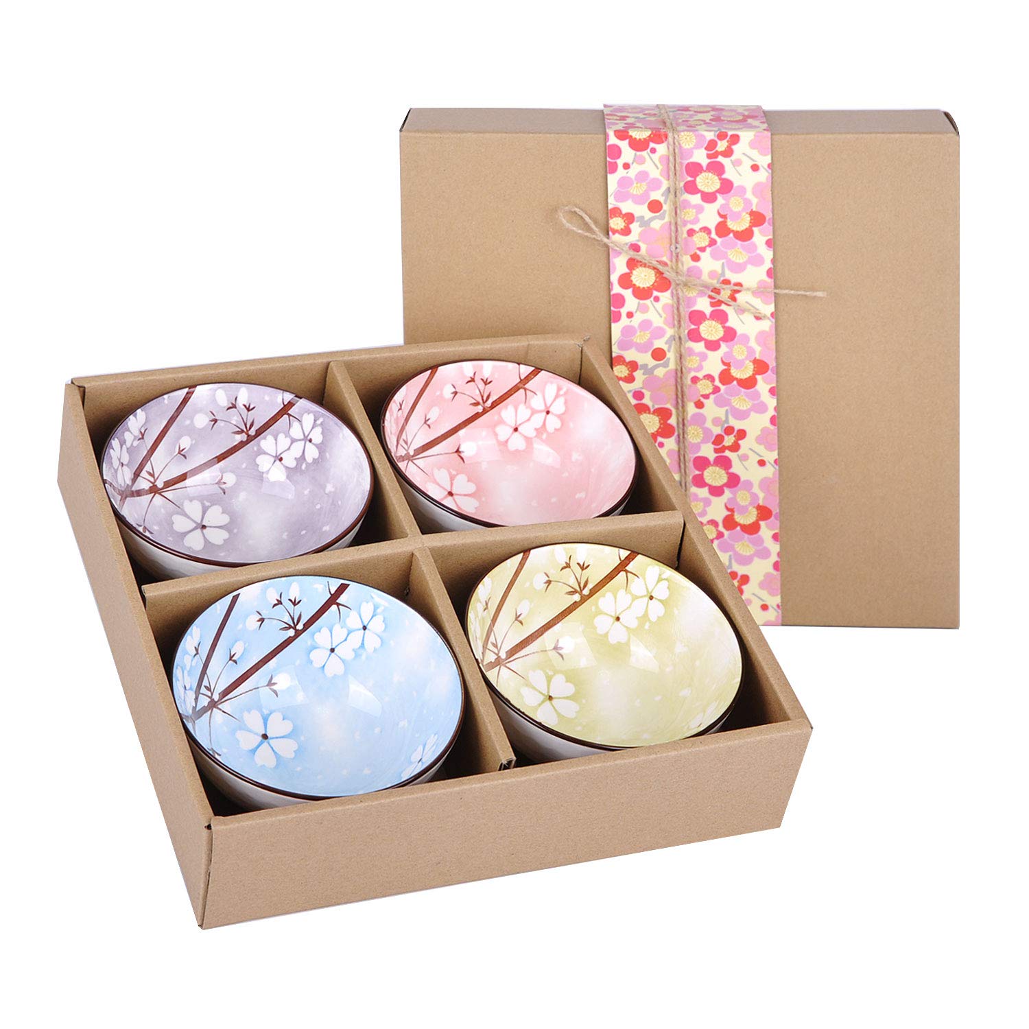VanEnjoy Set of 4 Japanese Style Ceramic Rice Bowl with Gift Box,Assorted Phum Colors Flowers Pattern Bowls Set,Underglazed Dinnerware,For Dessert Snack Cereal Soup