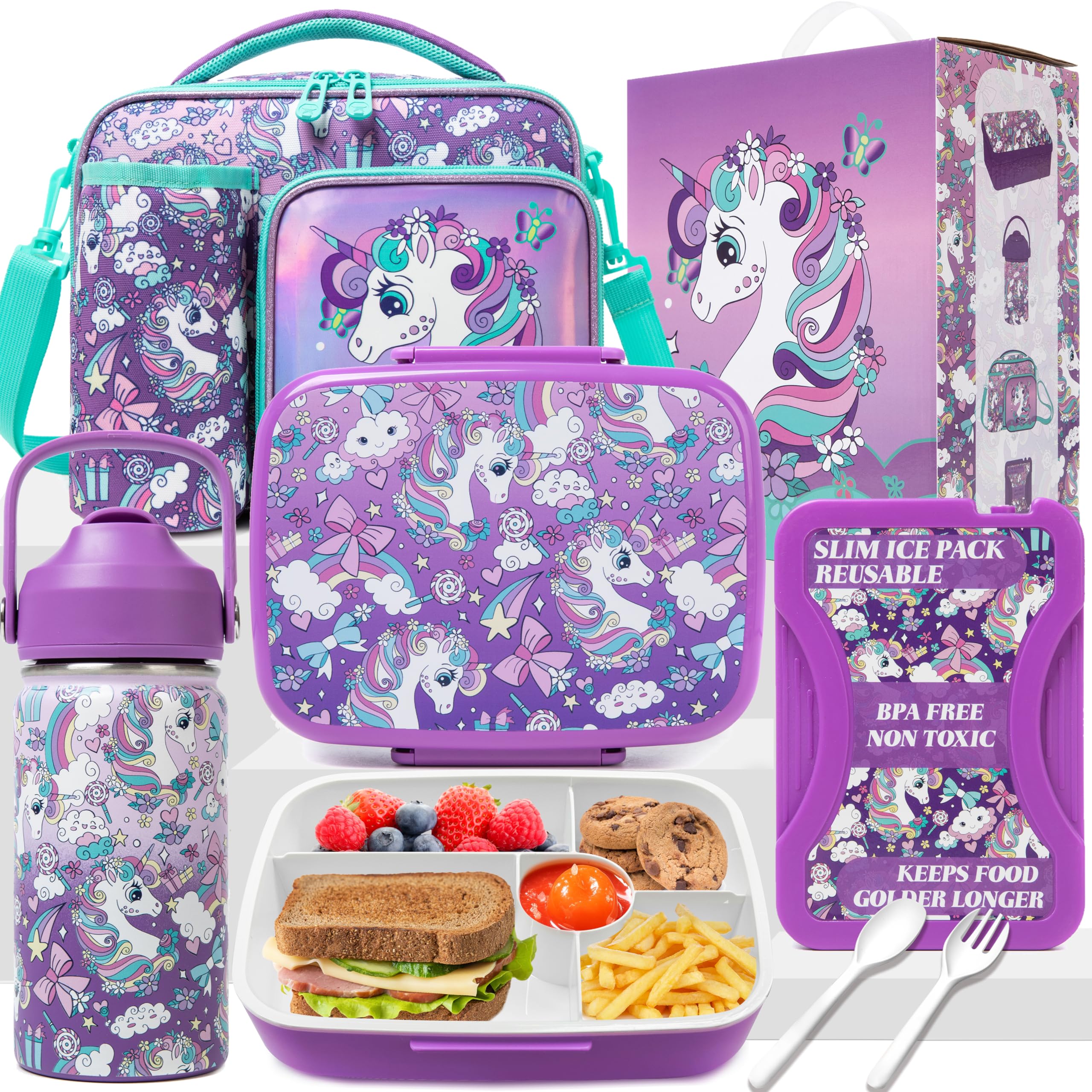 Unicorn Bento Box for Kids Lunch Box for Girls Bento Lunch Box for Kids Lunch Box Set with 5 Compartments Stainless Steel Water Bottle, Lunch Bag, Ice Pack Set Back to School Supplies