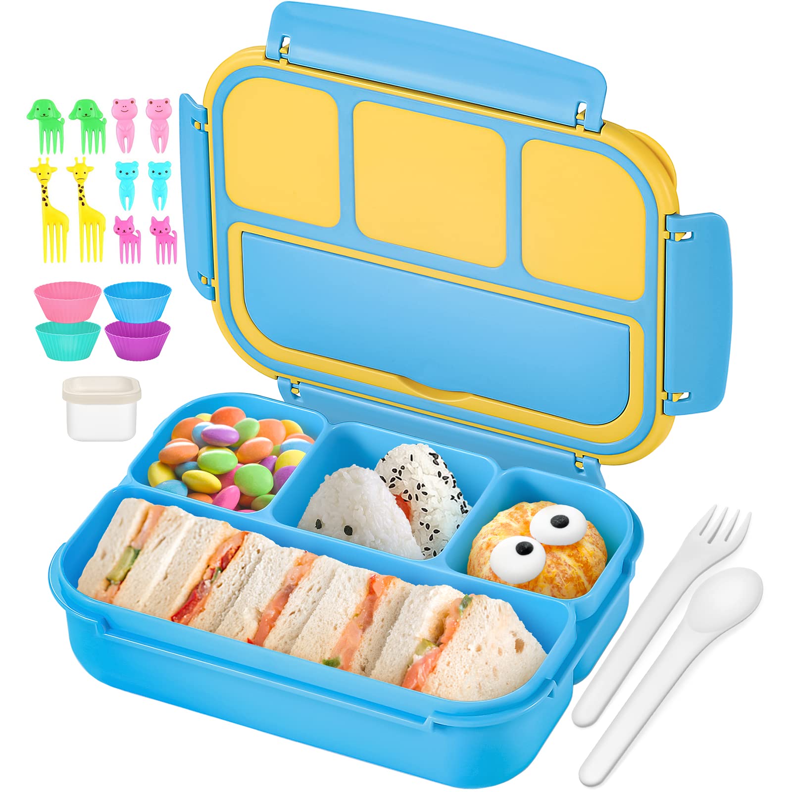 QQKO Bento Lunch Boxes with 4 Compartments, Sauce Container, Utensils, Food Picks and Muffin Cups for School or Adults, Blue
