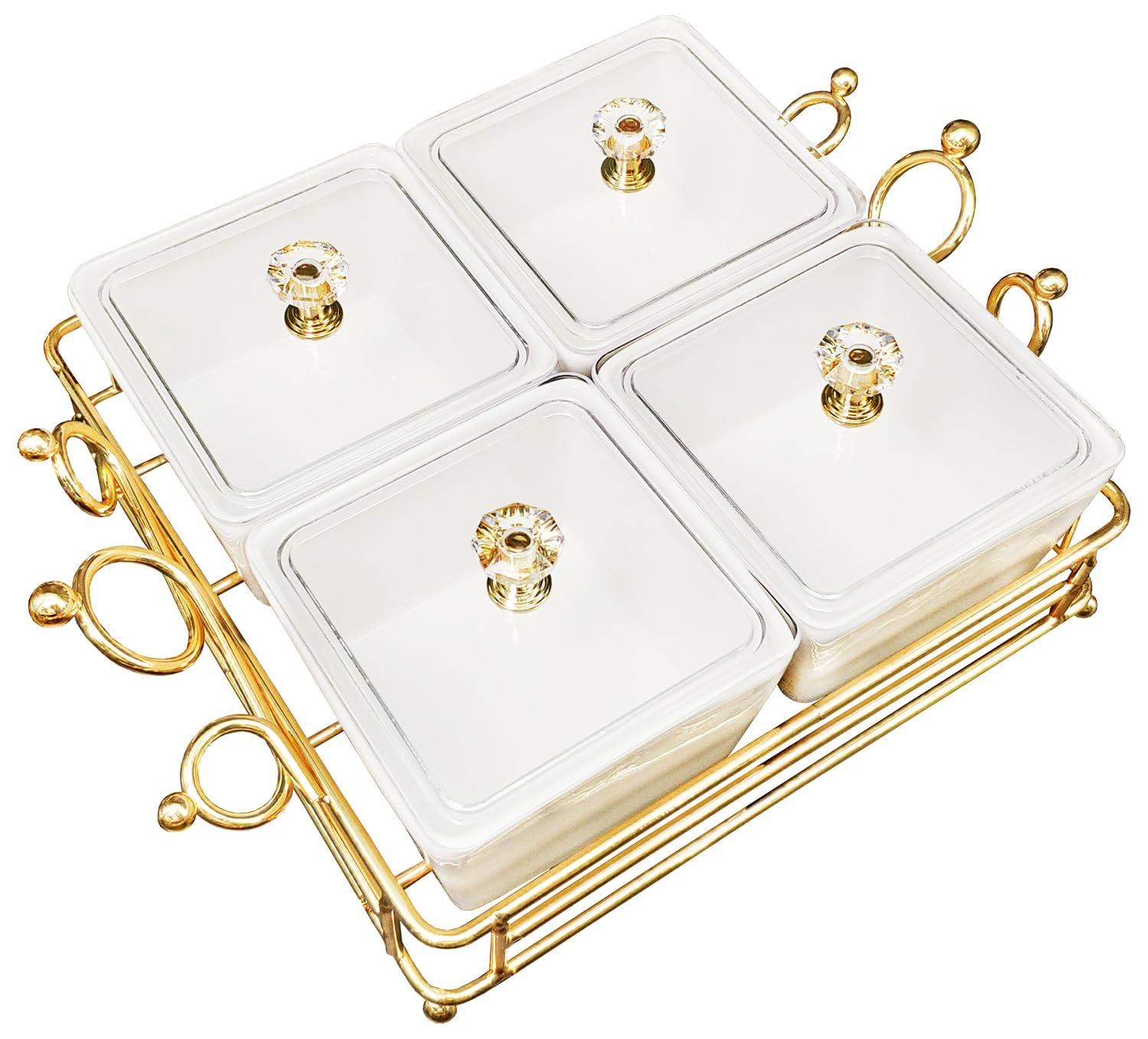 Ceramic Bowls and with Lid Gold Basket Trays, 4 Removable Small Bowls Condiment Trays Nut Serving Set for Snacks, Fruits, Candy and Condiments - Great for Parties, Holiday Gifts, White