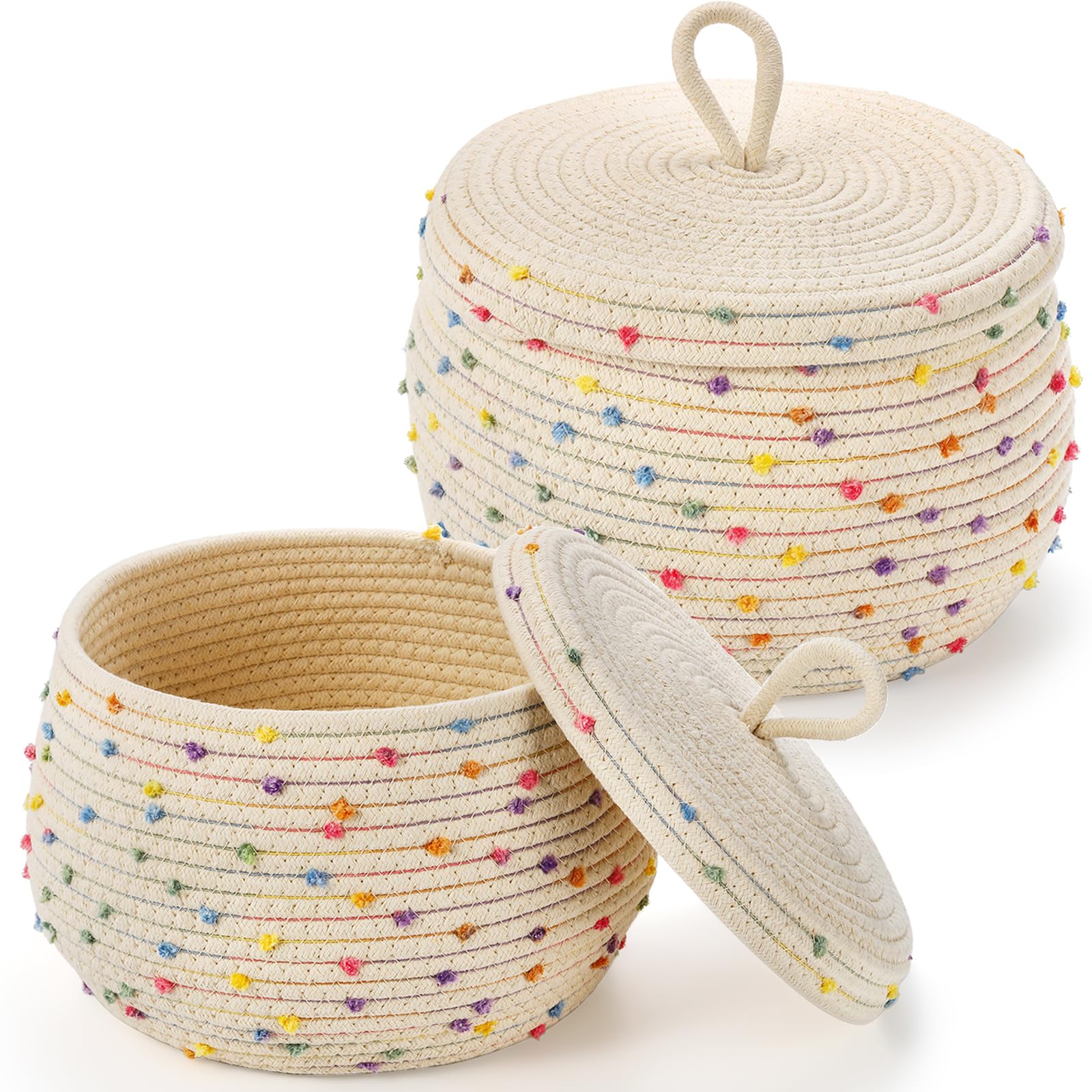 Dicunoy Set of 2 Small Basket with Lids, Decorative Woven Storage Boxes, Round Cotton Rope Storage Bins for Organizer, Cute Colorful Rainbow Empty Gift Containers for Snack, Towel, Yarn, Nursery