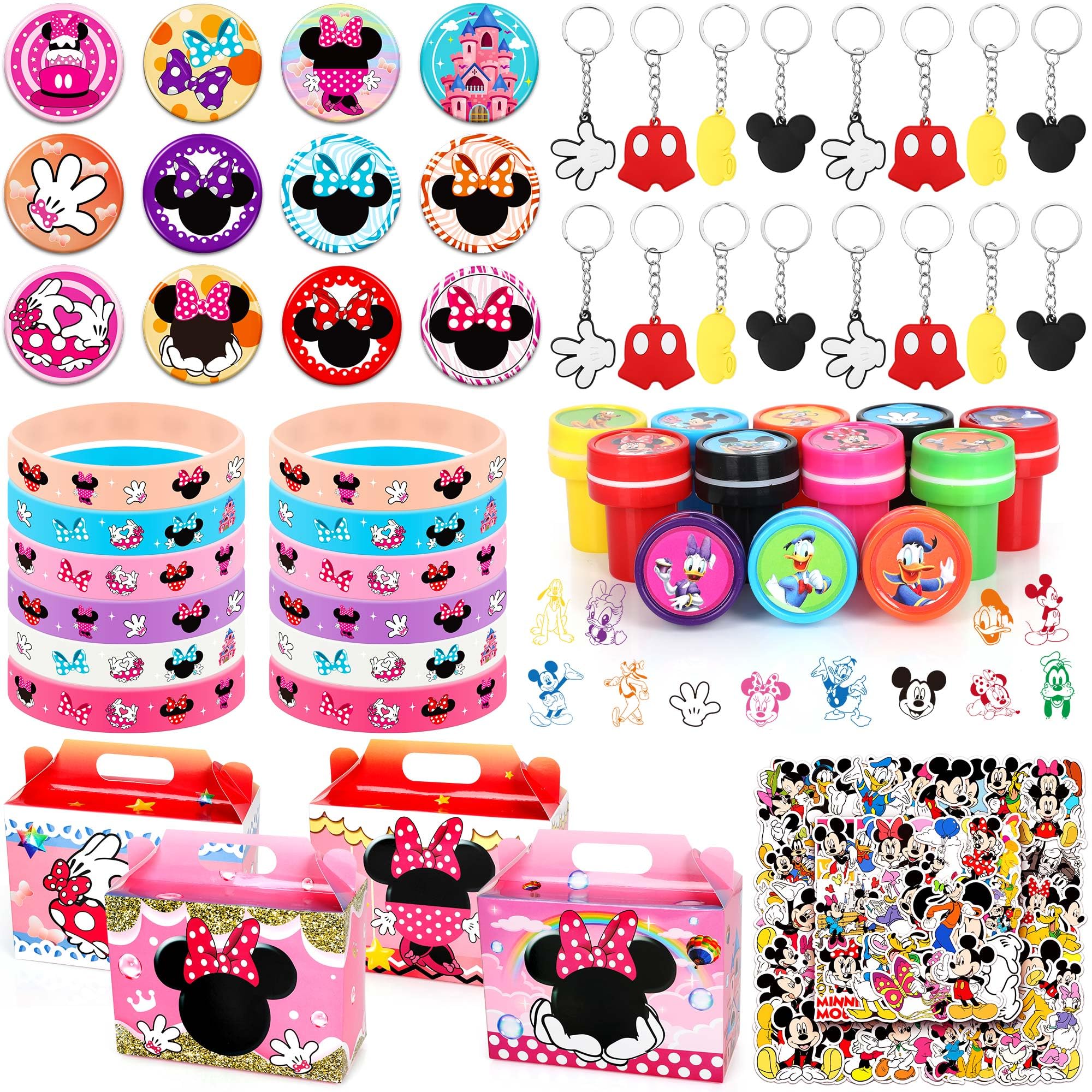 Cartoon Themed Birthday Party Supplies - 110PCS Mouse Party Set Include 12 Silicone Wristbands,12 Button Pins,12 Key Chains,12 Gift Boxes, 12 Stampers, 50 Stickers for Party Gift