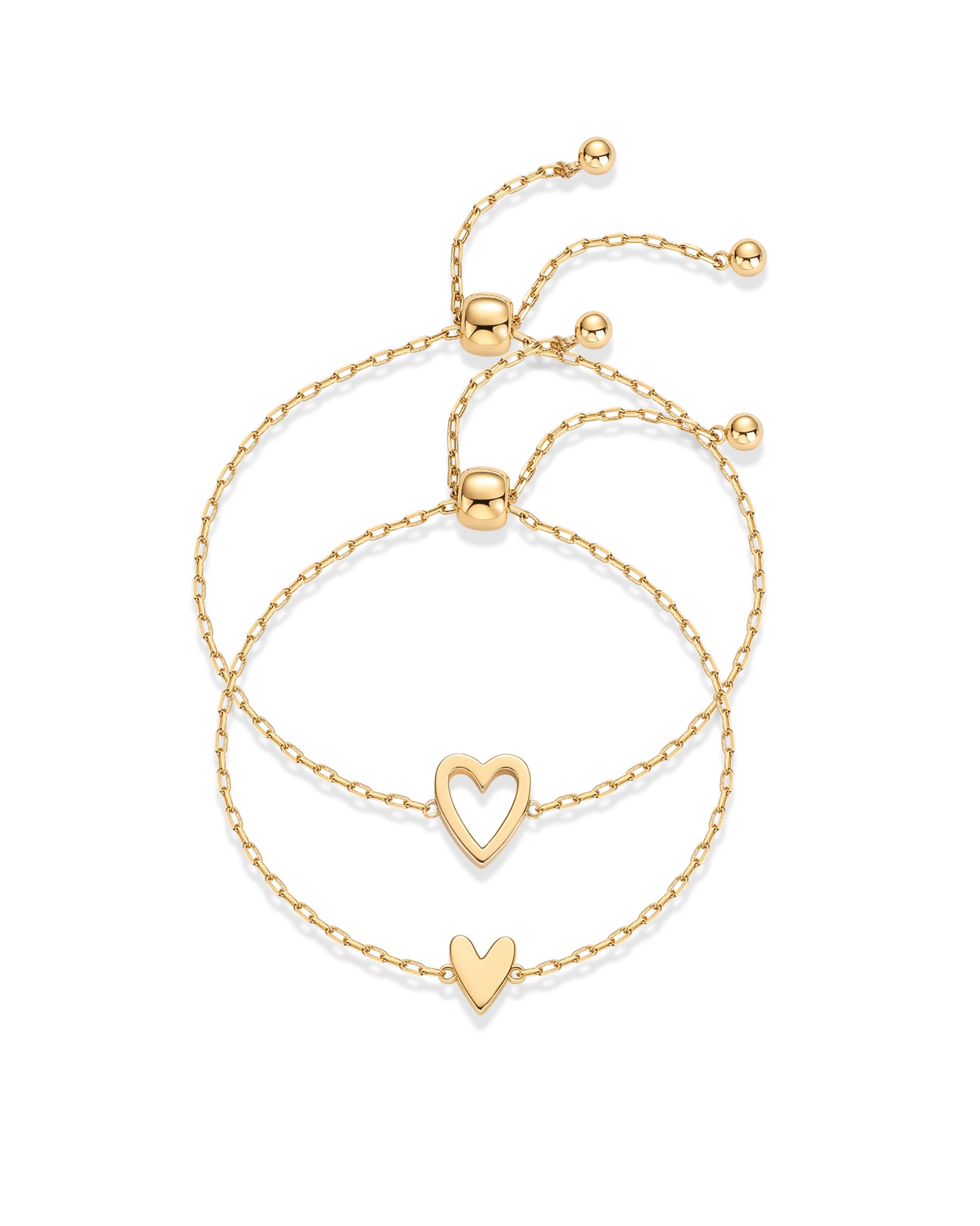 PAVOI 14K Gold Plated Matching Heart Charms Solitaire Bracelet Set for Women | Adjustable Love Friendship Two Bracelet Pack