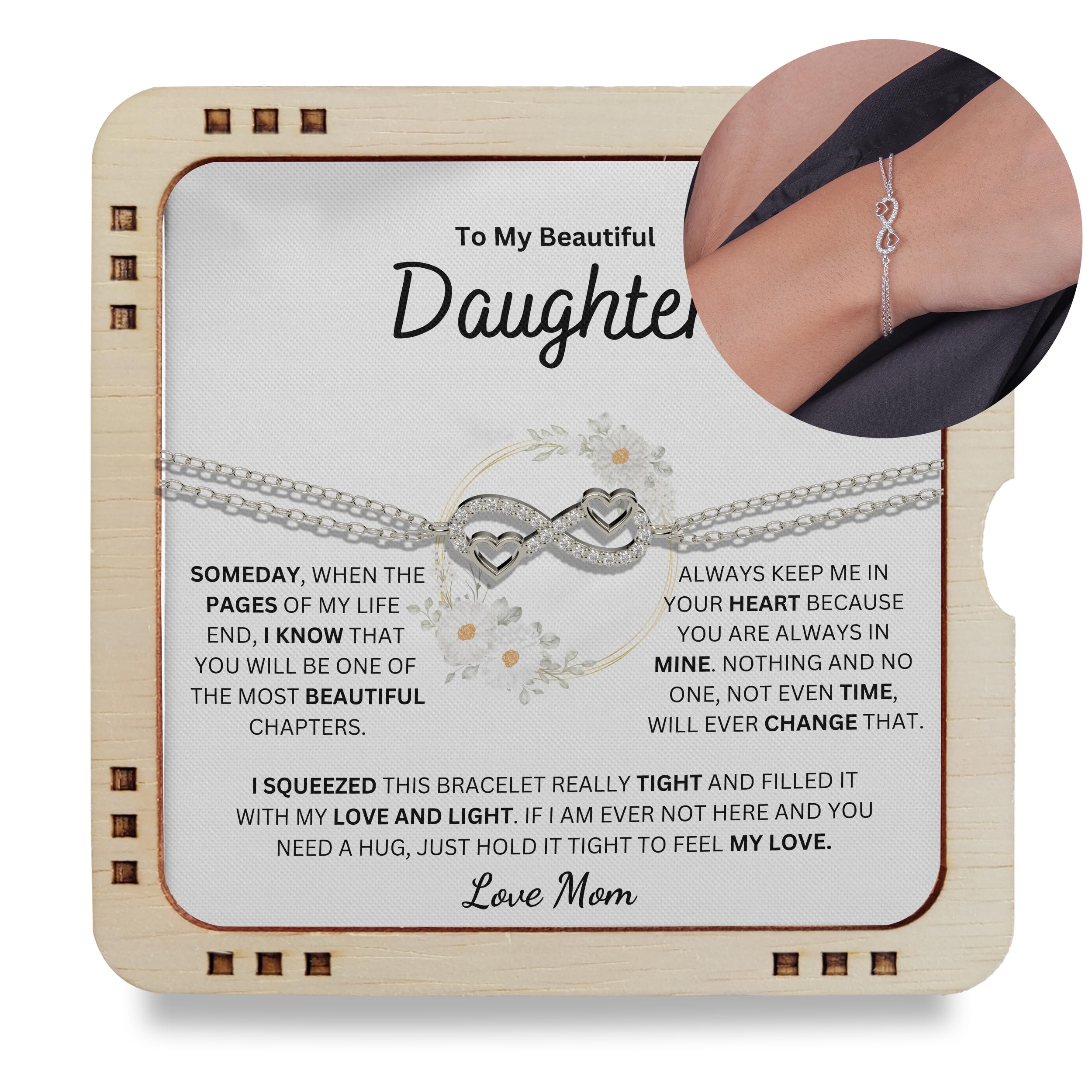 My Beautiful Daughter Always Keep Me in Your Heart Love Mom, 925 Sterling Silver Infinity Bracelet with message card, Birthday Gift, Festival Gift for Daughter