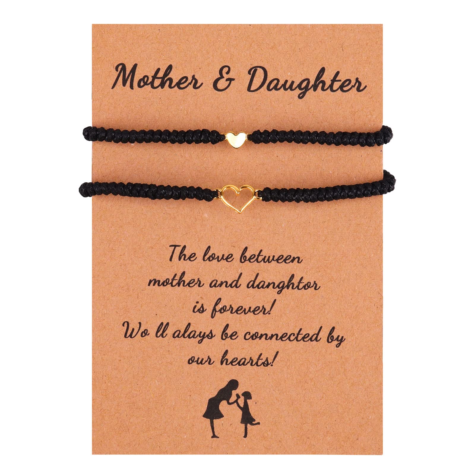 2Pcs Love Heart Braided String Bracelets Cute Sweet Hollow Heart Matching Adjustable Bracelet Pink Black Red String Mother's Day Gifts for Mother Daughter Son