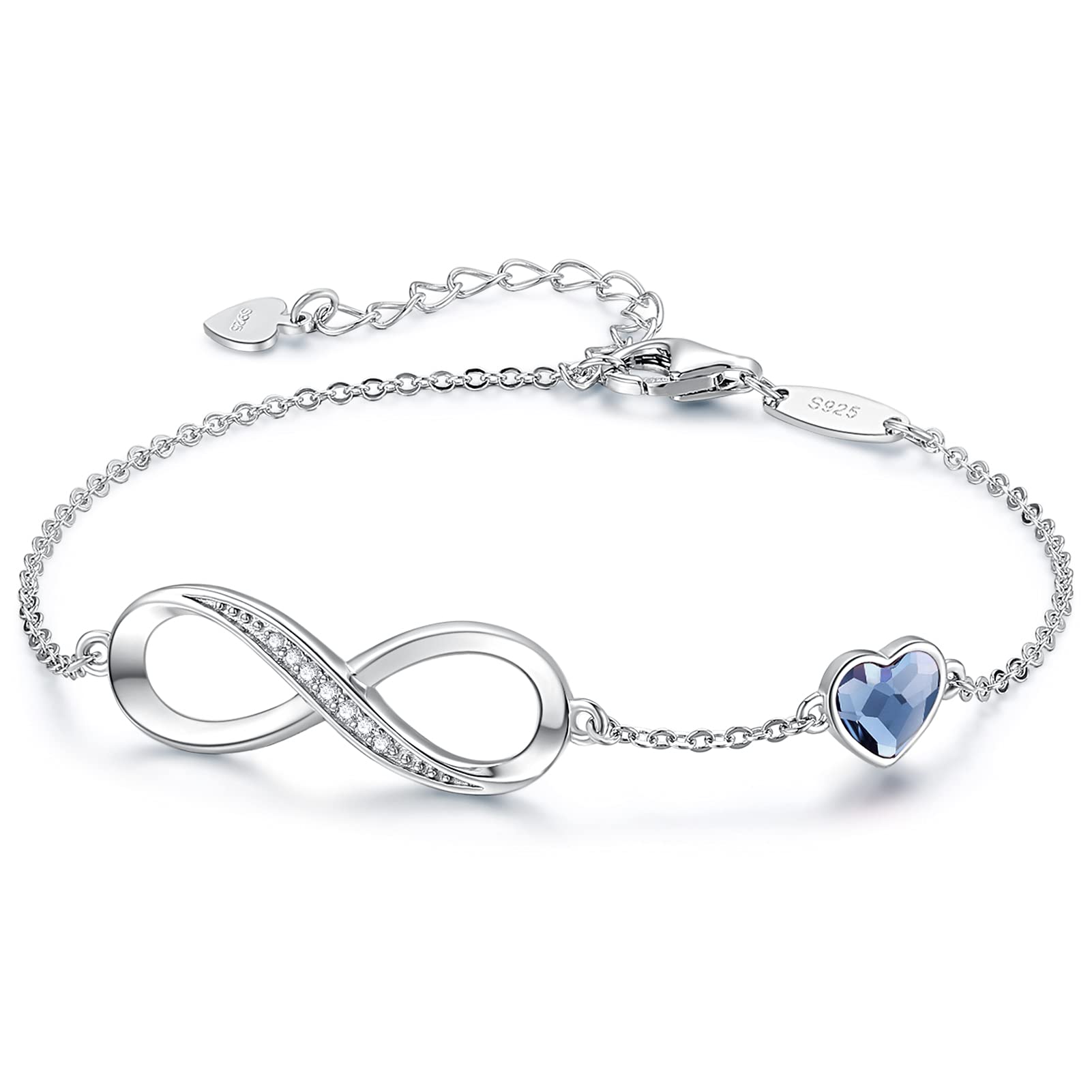 CDE Infinity Heart Birthstone Charm Link Bracelet for Women 925 Sterling Silver Adjustable Mother's Day Gift Anniversary Birthday Jewelry for Wife Girlfriend Her