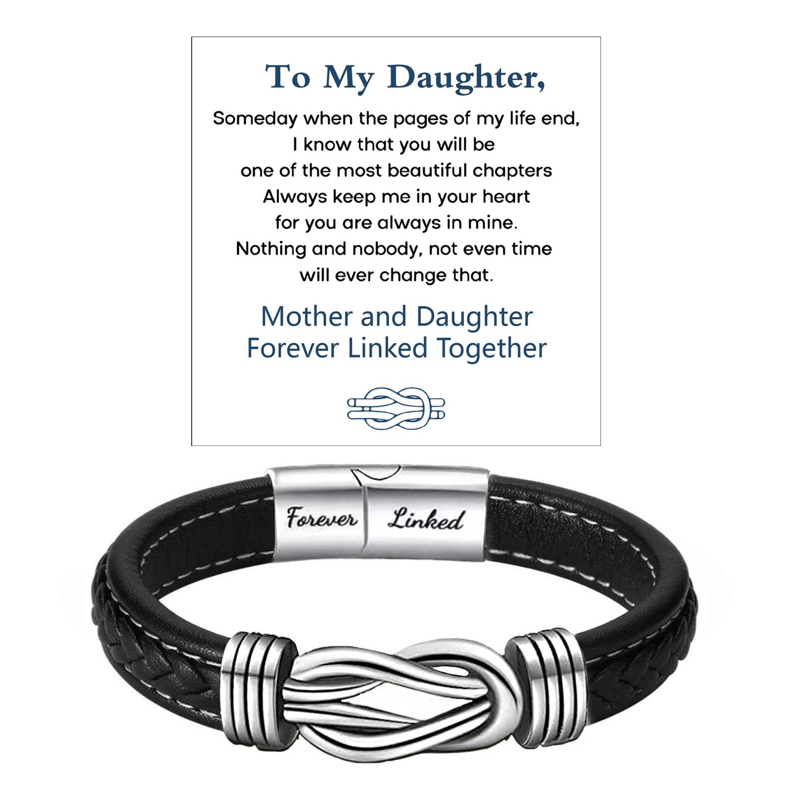 Mother and Daughter Forever Linked Together Braided Leather Bracelet, Inspirational Wristband for Women Stainless Steel Infinity Knot Engraved Leather Bangle Daughter Gift from Mom