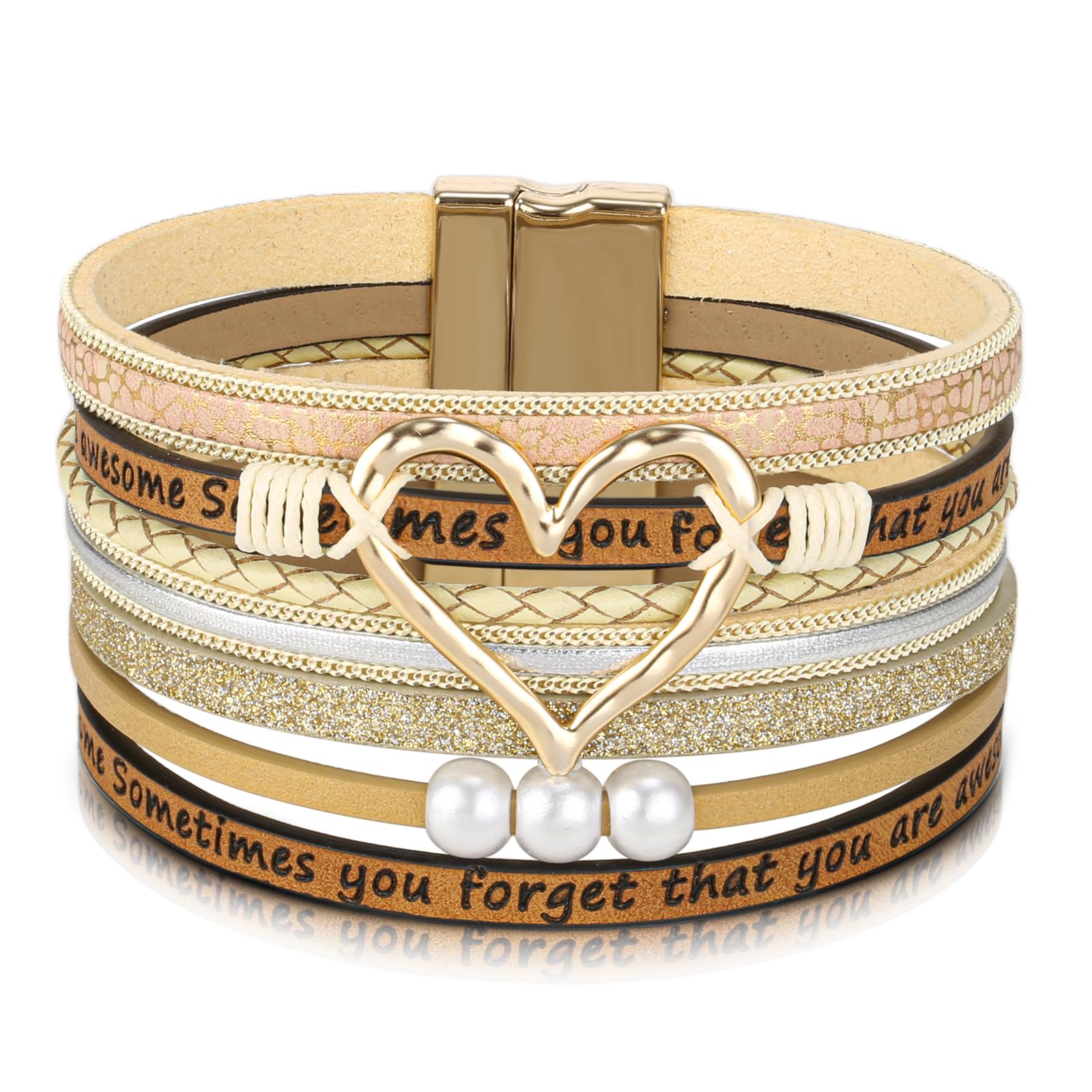 Desimtion Inspirational Heart Leather Bracelets for Women, SOMETIMES YOU FORGET ARE AWESOME Gifts for Women Teen Girls on Birthday Christmas，Beige Wrap Boho Leather Bracelet Jewelry