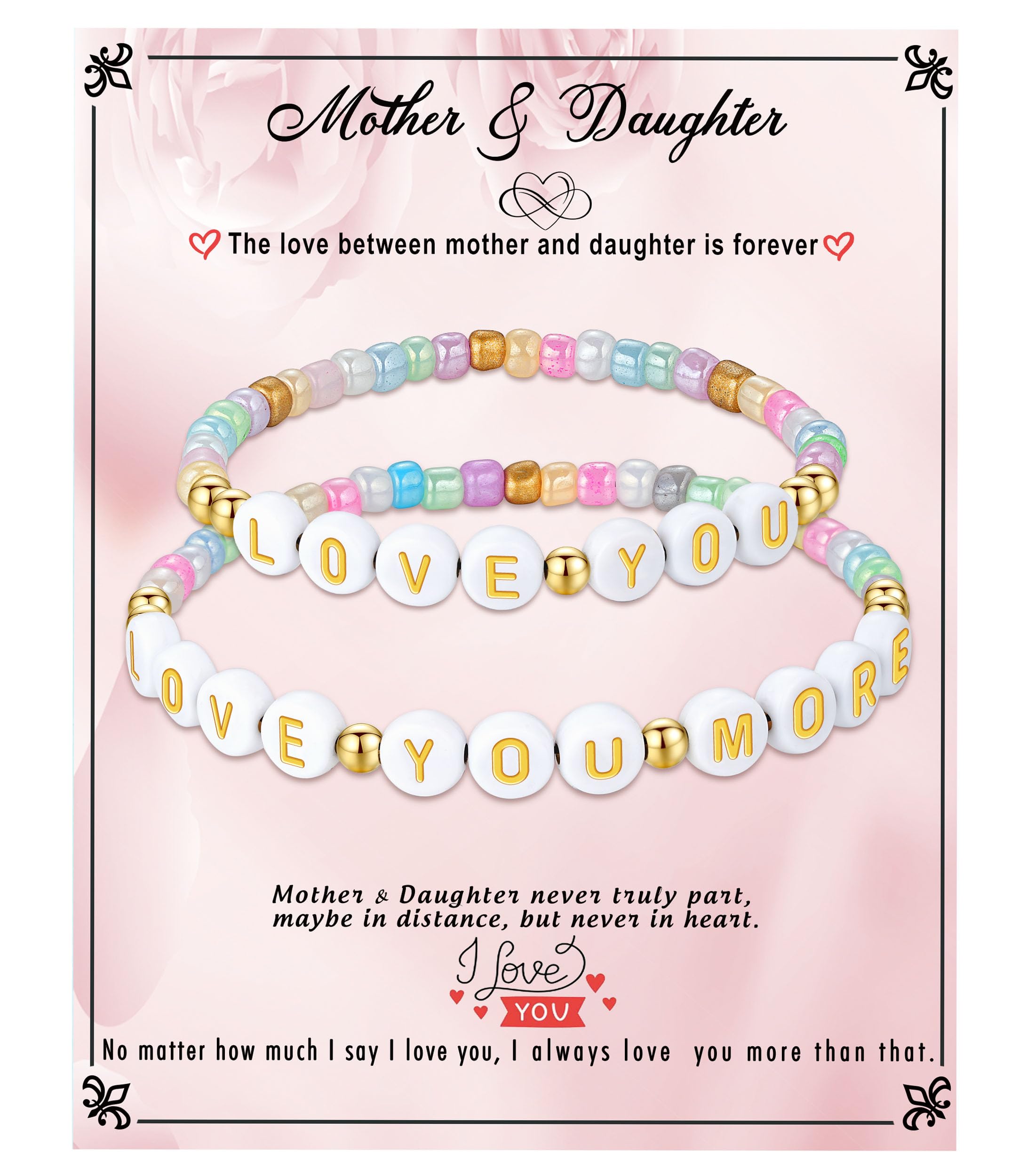 First Day of School Gifts Matching Bracelets for Women Girls Mother and Daughter Beaded Bracelet Multicolor Bead Stretch Back to School Gift I Love You Engraved Christmas Birthday Jewelry