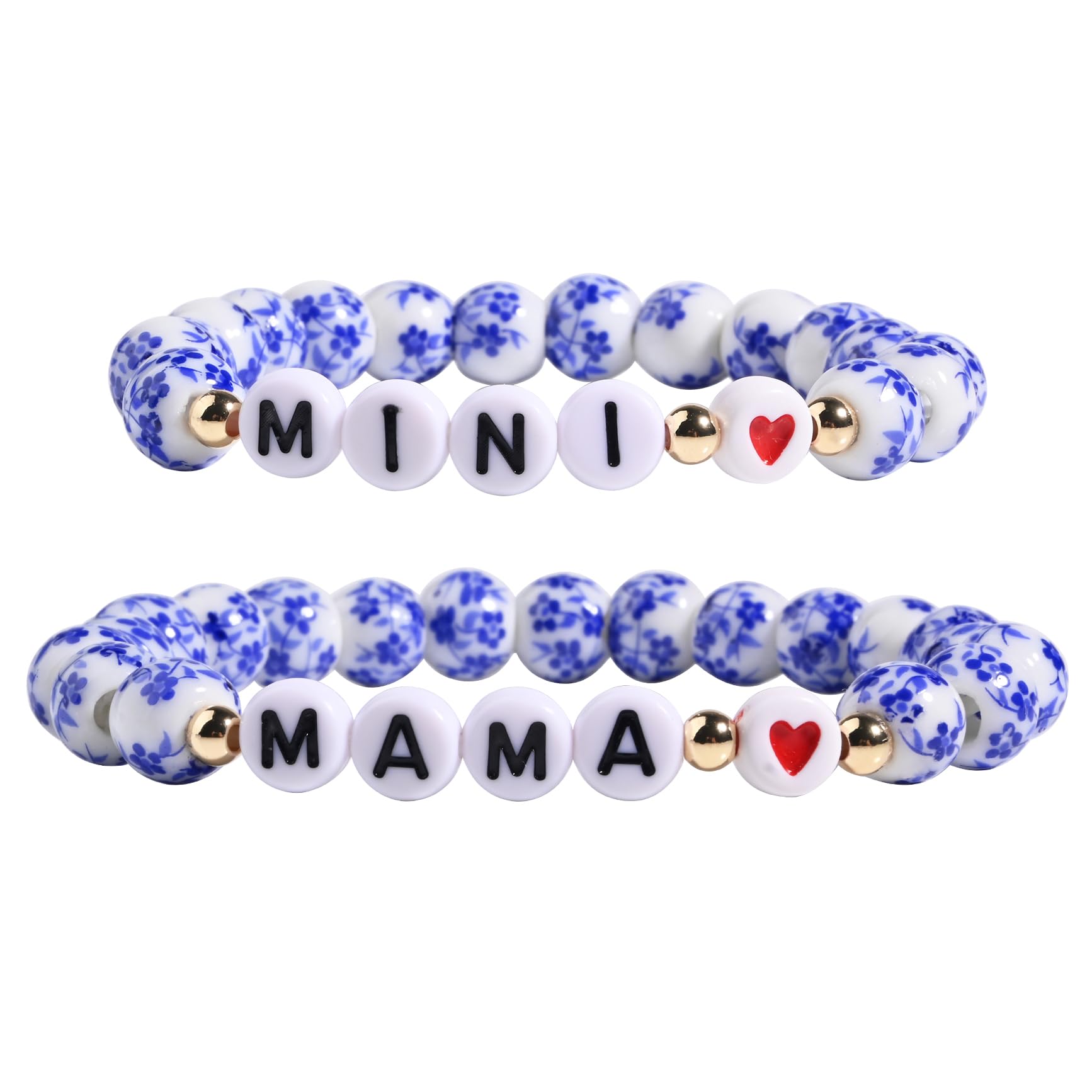 Blue And White Porcelain Bracelet For Mom Daughter, Chinoiserie Bracelets Mothers Day Gifts, Bohemian Vintage Floral Bracelet Set For Mom Girl