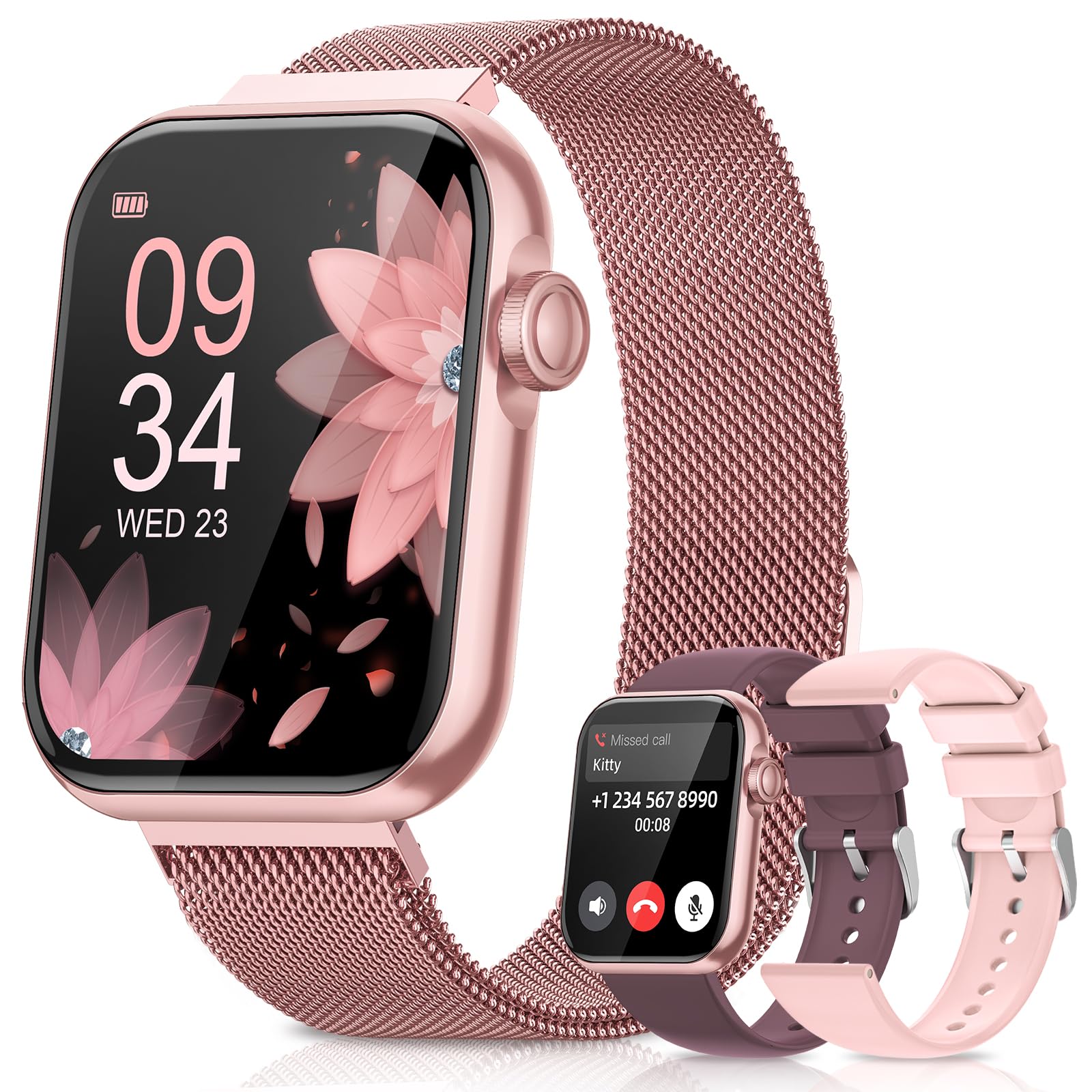 Smart Watches for Women, Health Fitness Watch for Android iPhone, Sleep/Heart Rate/SpO2/Blood Pressure Monitor, 1.85'' Smartwatch for Calls/SMS/Notifications, 100+ Sports Modes, 300+ Dials, 3 Bands