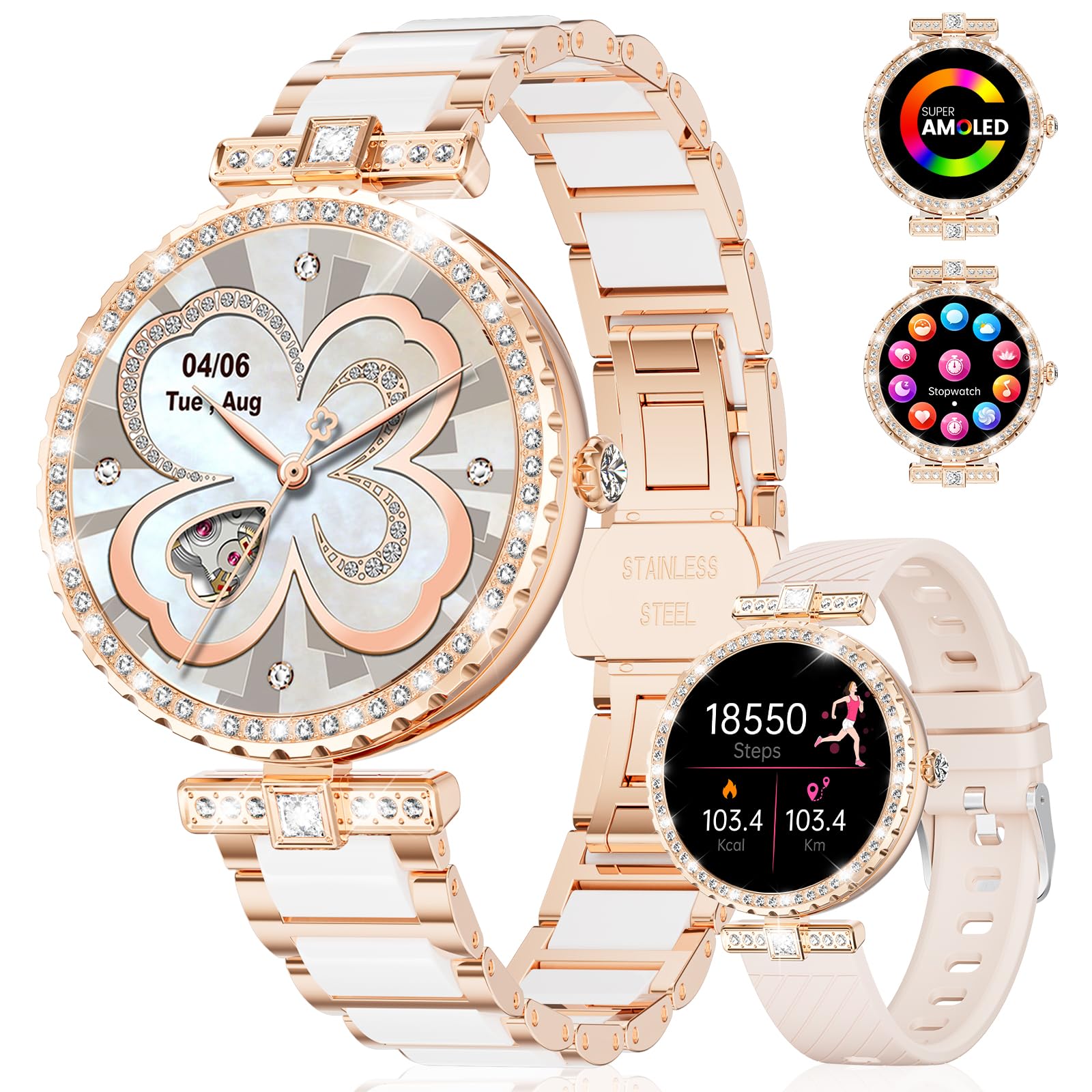 Smart Watches for Women,1.19” AMOLED Smartwatch for Android iOS Phone,IP68 Waterproof Fitness Tracker Watch with Heart Rate Sleep Monitor 100+ Sports Pedometer,Ceramic(Answer/Make Calls)