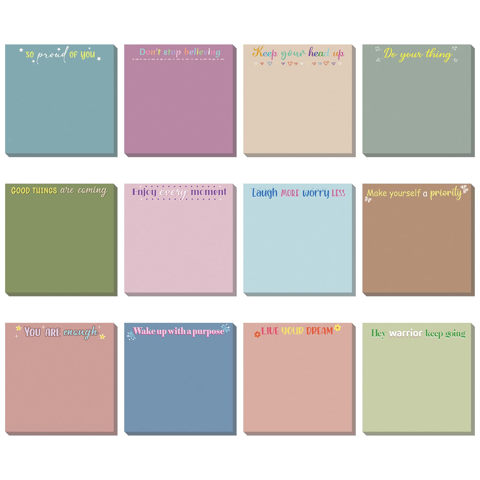 Zonon 12 Pieces Inspirational Sticky Notes 3 x 3 Inch Motivational Fun Notepads Positive Gifts for Teacher Nurse Coworkers Work Studying Supplies(Colorful Style)