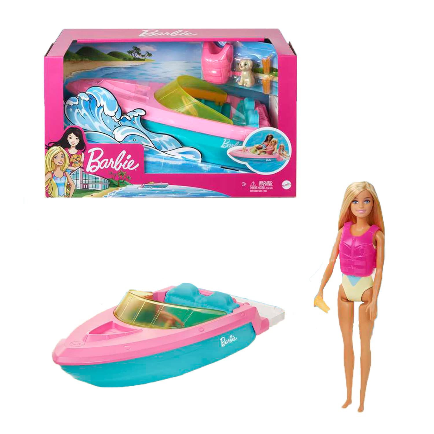 Barbie Doll & Toy Boat Playset with Pet Puppy, Life Vest & Beverage Accessories, Fits 3 Dolls & Floats in Water