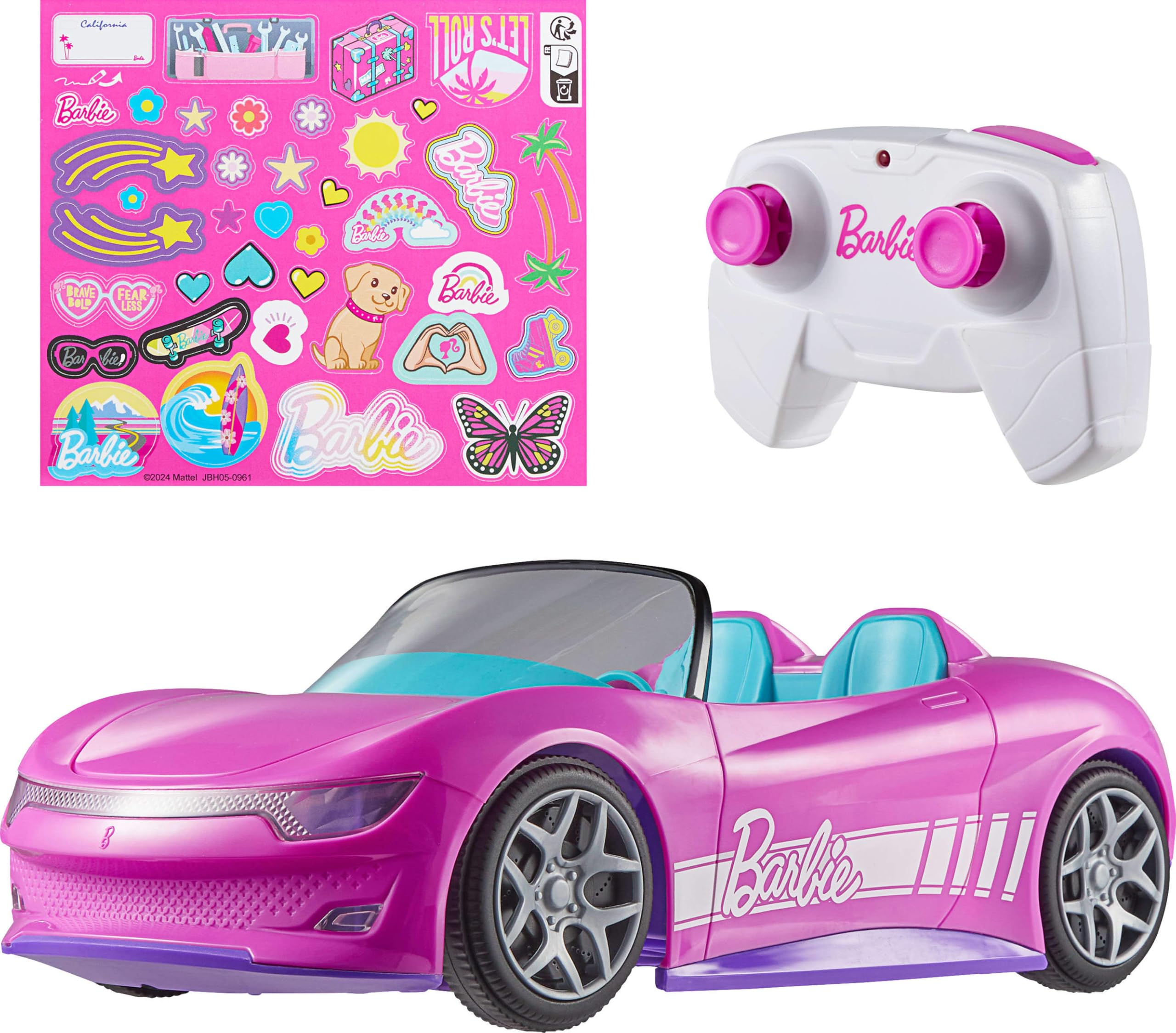 Barbie Hot Wheels RC Toy Car, Remote-Control Pink Convertible, Can Hold 2 Fashion Dolls & Trunk Opens for Storage, Sticker Sheet for Customizing
