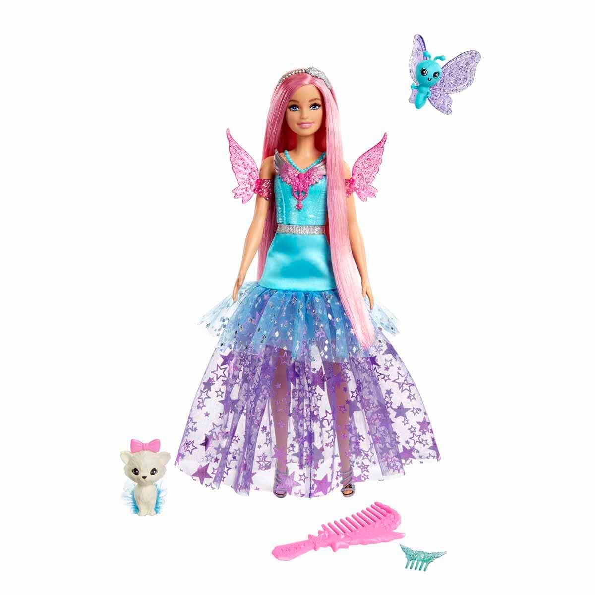 Barbie A Touch of Magic Fashion Doll, Malibu with Wing-Detailed Dress, 7-inch Long Colorful Hair, 2 Fantasy Pets & Accessories