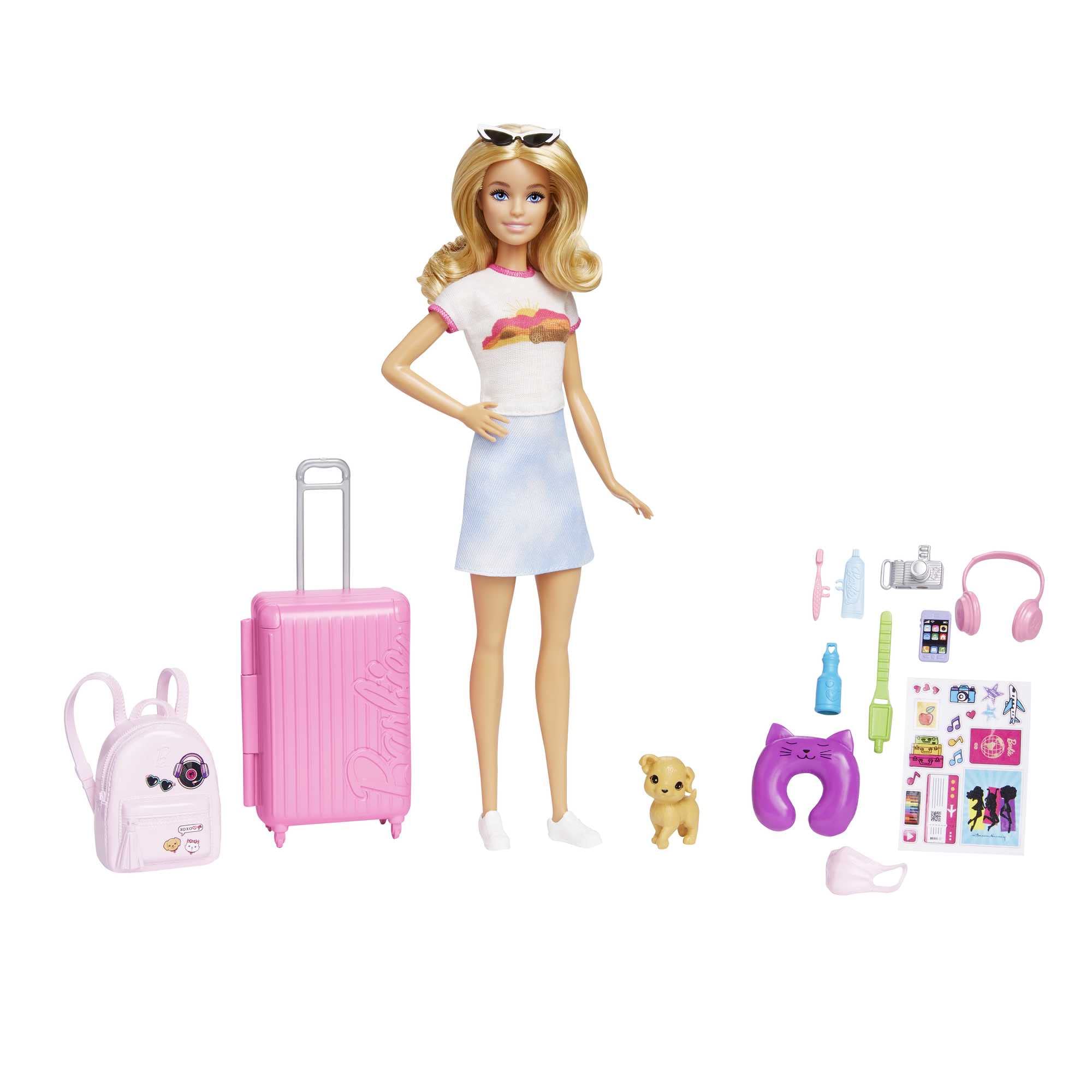 Barbie Doll & Accessories, Travel Set with Puppy and 10+ Pieces, Suitcase Opens & Closes, Barbie "Malibu" with Blonde Hair