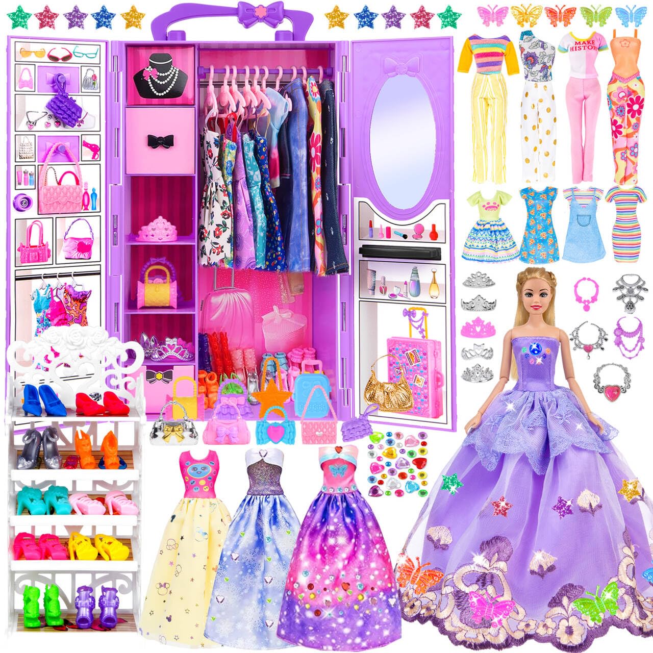 91pcs 11.5 inch Girl Doll with Clothes Accessories and Closet, Princess Gowns, Fashion Dresses, Outfits ,Swimsuits, Shoes, Hangers, Doll Dress up toys for Girls Kids Toddlers Toy (Include Doll)