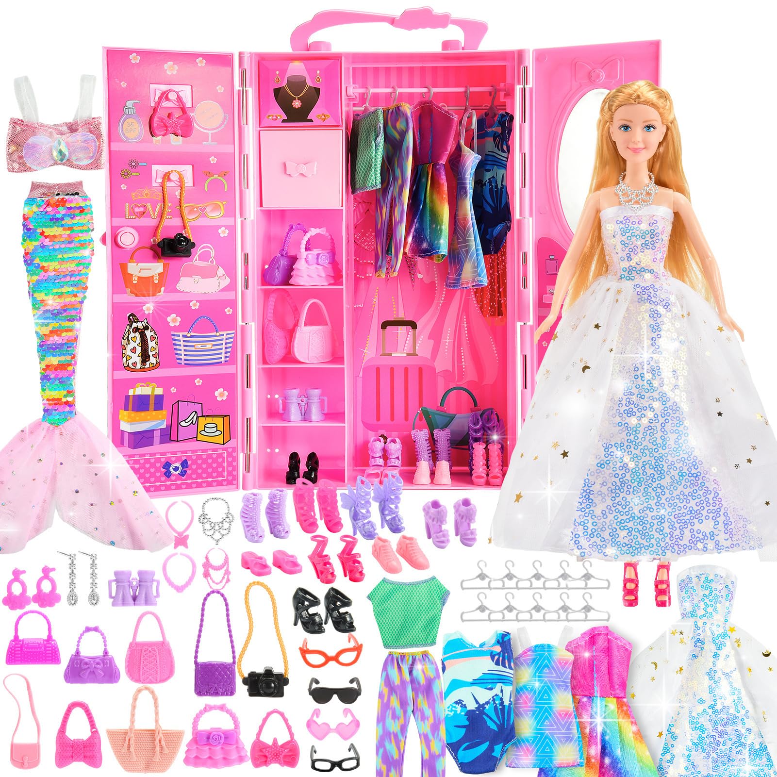 Gifts for 3-12 Year Old Girls, Doll Closet Girl Toys Age 4-9 with Doll Clothes and Accessories Mermaid Doll for Girls 6-12 Dress up Doll Toys for 3 4 5 6 7 8 9 10 Year Old Girl Birthday Gift