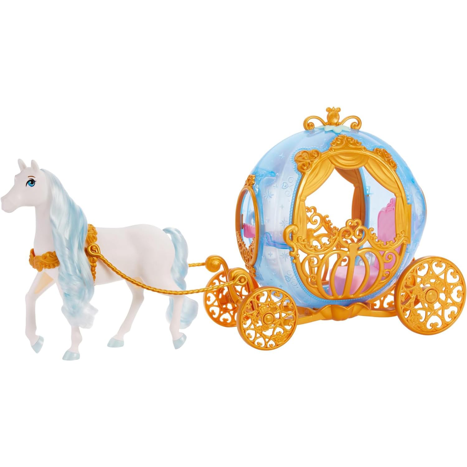 Mattel Disney Princess Toys, Cinderella’s Rolling Carriage, Fashion Doll-Sized with White Horse Featuring Brushable Mane & Tail, Inspired by The Movie