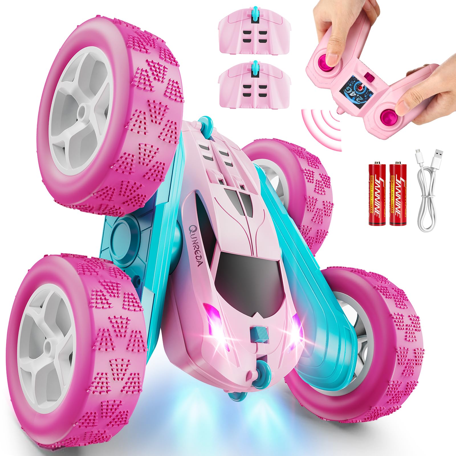 RC Cars, Pink Remote Control Car for Girls, 2.4 GHZ Double Sided RC Stunt Car 360° Rotating Remote Control Crawler with Headlights Car Toys for 6 7 8 9 10 11 12 Girls Birthday