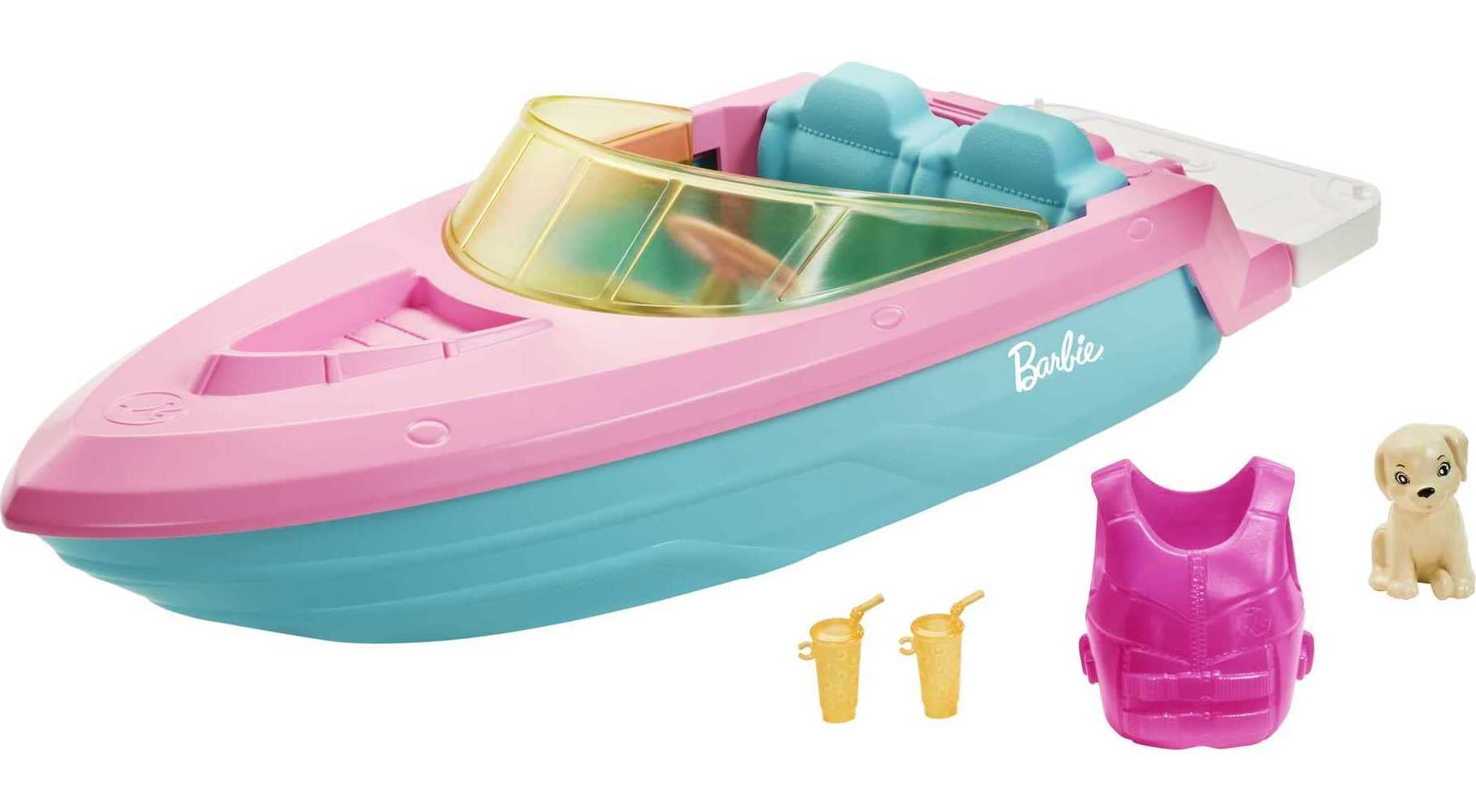 Barbie Boat with Puppy and Themed Accessories, Fits 3 Dolls, Floats in Water, Great Toy for 3 to 7 Year Olds