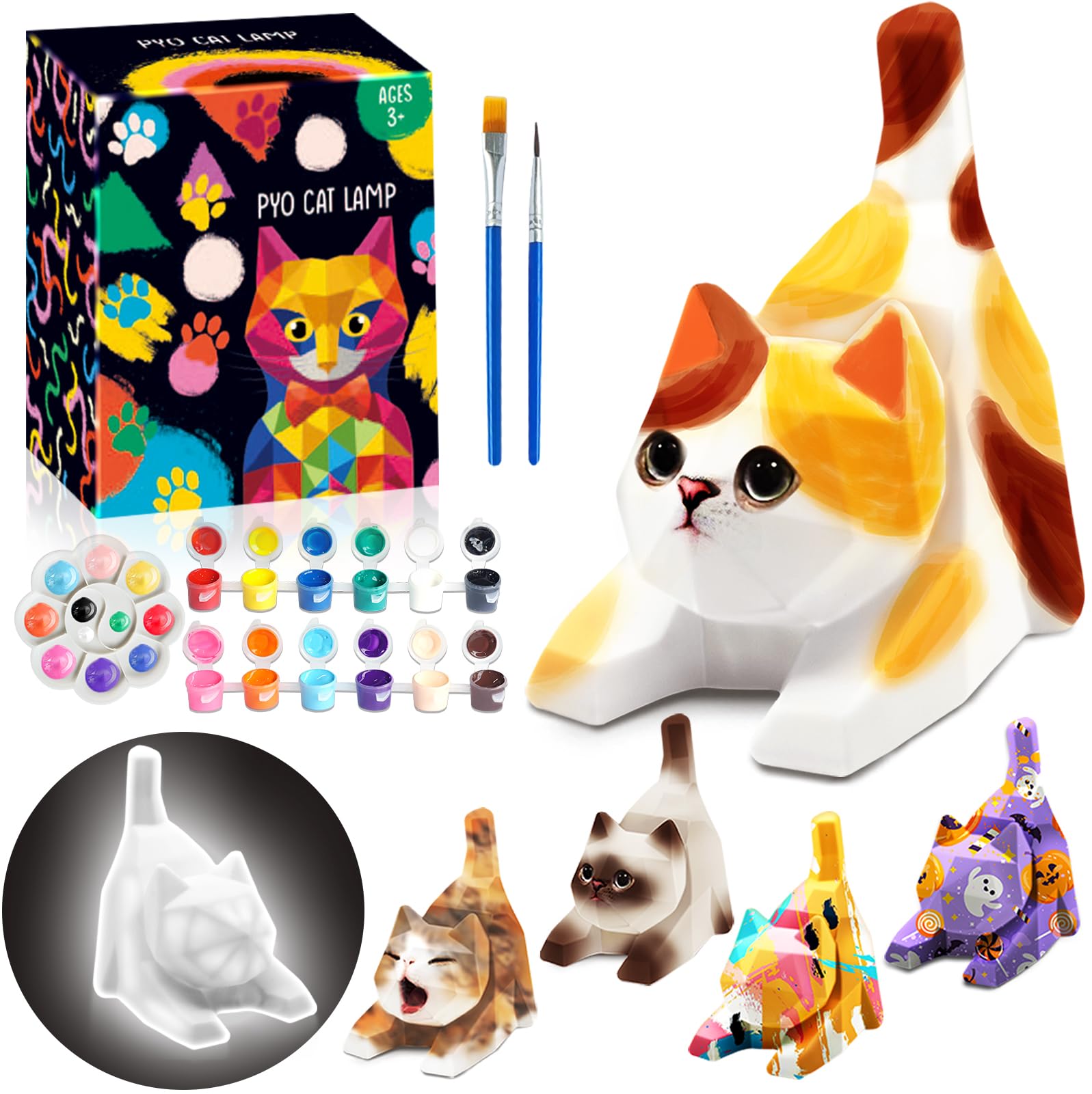 FUNZBO 4.3in Paint Your Own Cat Lamp Kit- Arts and Crafts Supplies Kitten Painting Kits for Kids Teens Adults, DIY Night Light Toy for Toddlers Girls Boys Age 3 4 5 6 7 8 9 10 11 12 13 +