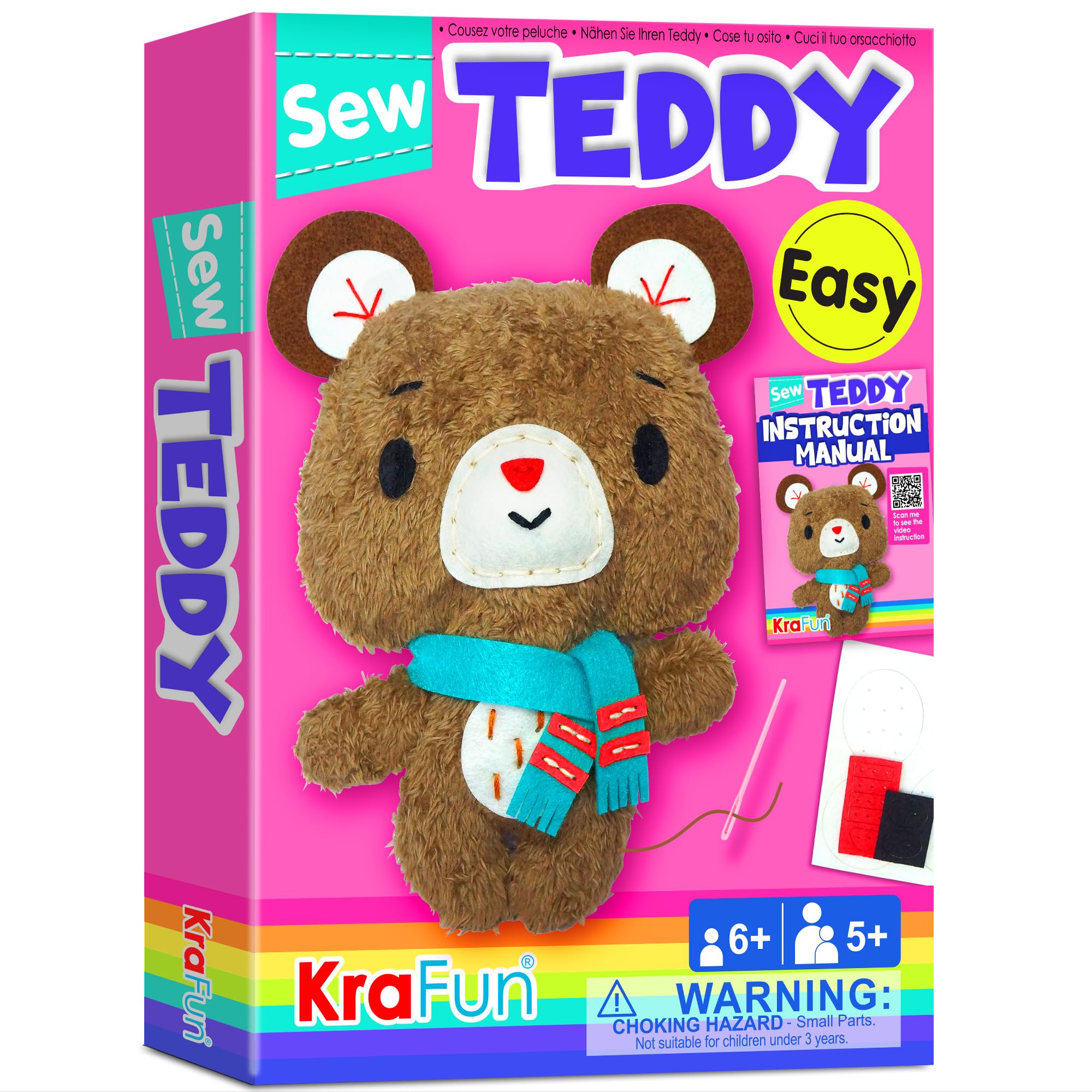 KRAFUN Teddy Bear Animal Sewing Kit for Kids Beginner My First Art & Craft, Includes Teddy Doll Stuffed Doll, Instructions & Plush Felt Materials for Learn to Sew, Embroidery, Age 7 8 9 10 11 12