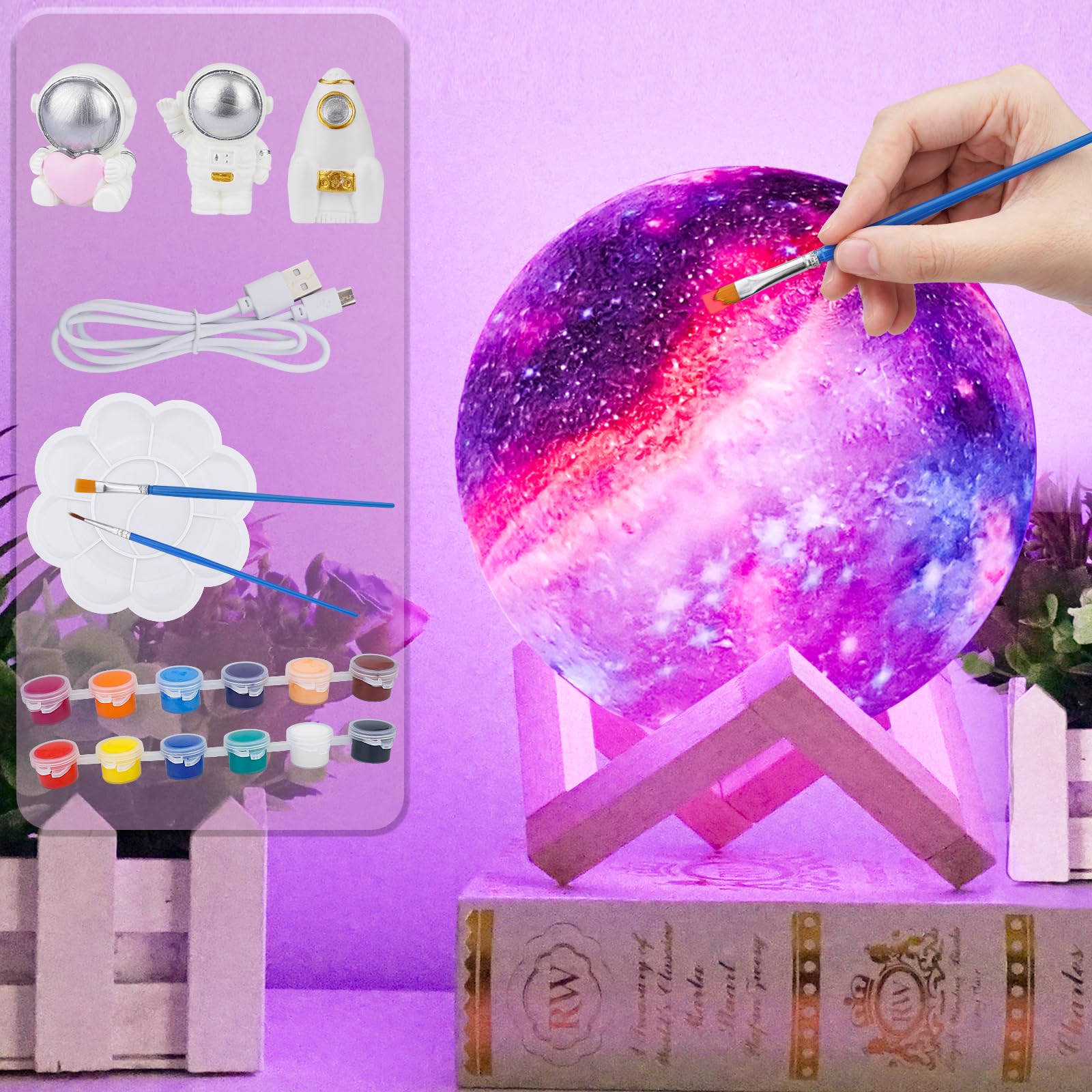[ Update 2025] Paint Your Own Moon Lamp Kit, 5.9 inches-Button Battery Type DIY Moon Night Light for Kids Art Supplies Creativity Arts & Crafts Kit for Kids, Teen Girls Boy Birthday