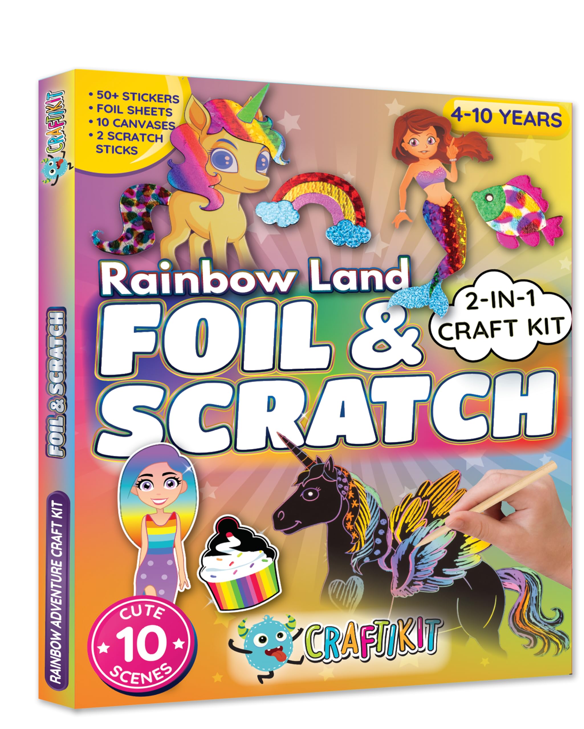 Craftikit ® Rainbow Land Foil Art & Scratch Art for Kids- 2-in-1 Arts and Crafts Kit for Kids Ages 4-10 - Rainbow Crafts for Girls Ages 4, 5, 6, 7, 8, 9, 10