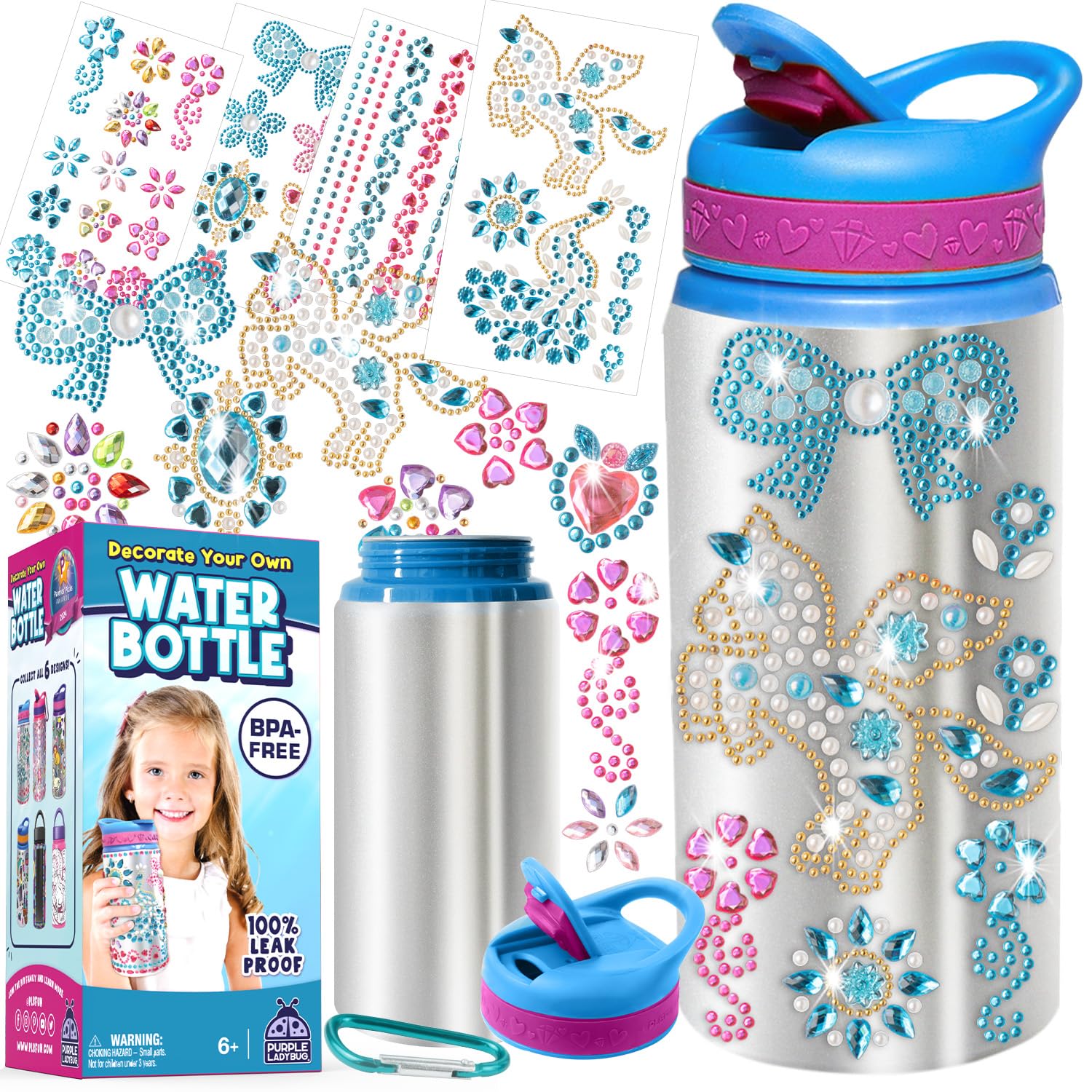 PURPLE LADYBUG Decorate Your Own Water Bottle for Girls - Gem Stickers Craft Set, Gifts for Girls 5-10 Years Old, Birthday Gift Ideas, Fun DIY Summer Activity for Kids, Great Gift for Little Girl