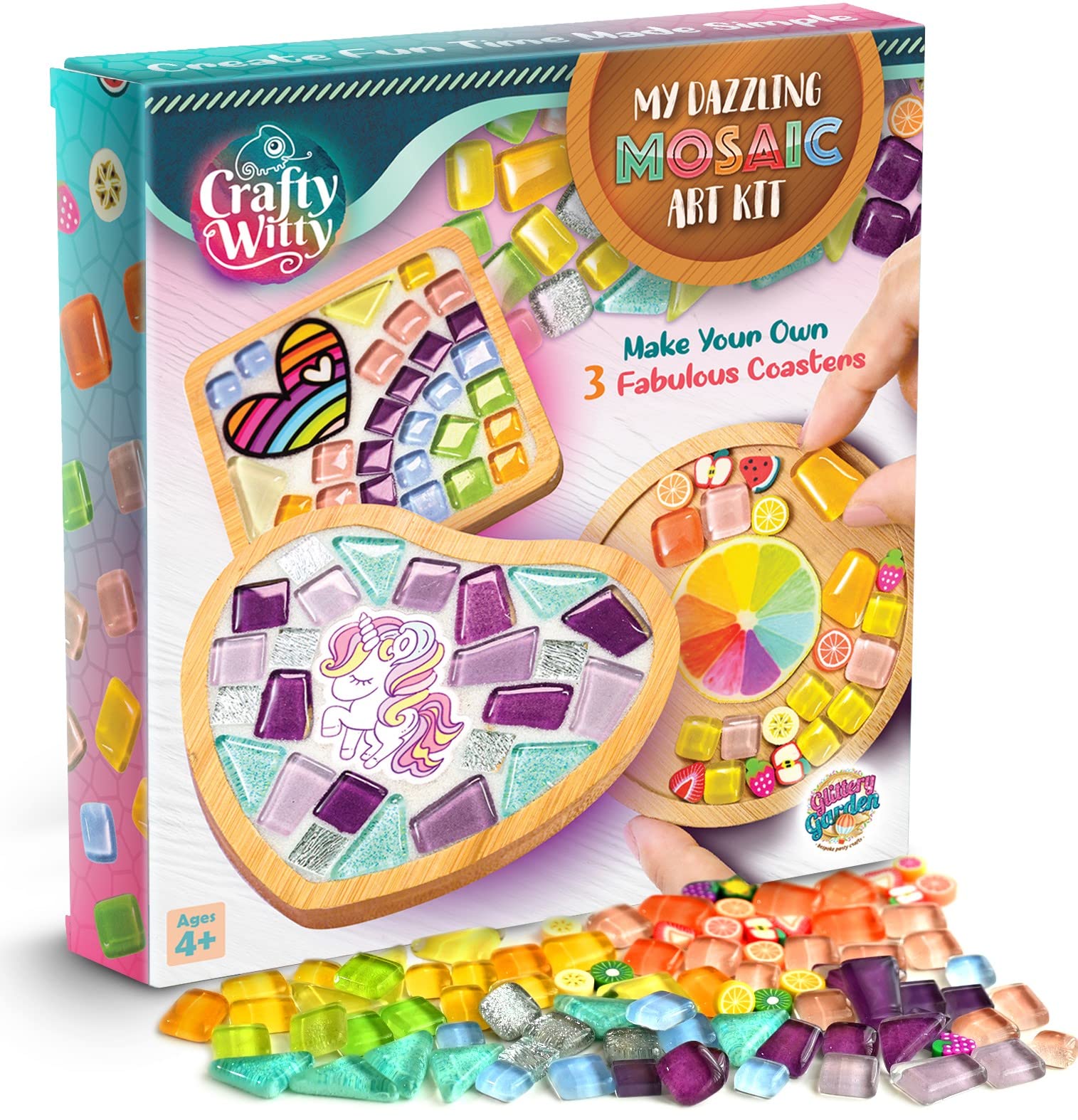 Glittery Garden Mosaic Craft Kit - Decorate Your Own Unicorn and Rainbow Design Coaster with Glass Tiles. Birthday Gift, Fun DIY Art and Craft Supplies. Girls, Kids & Teens Activity Kit