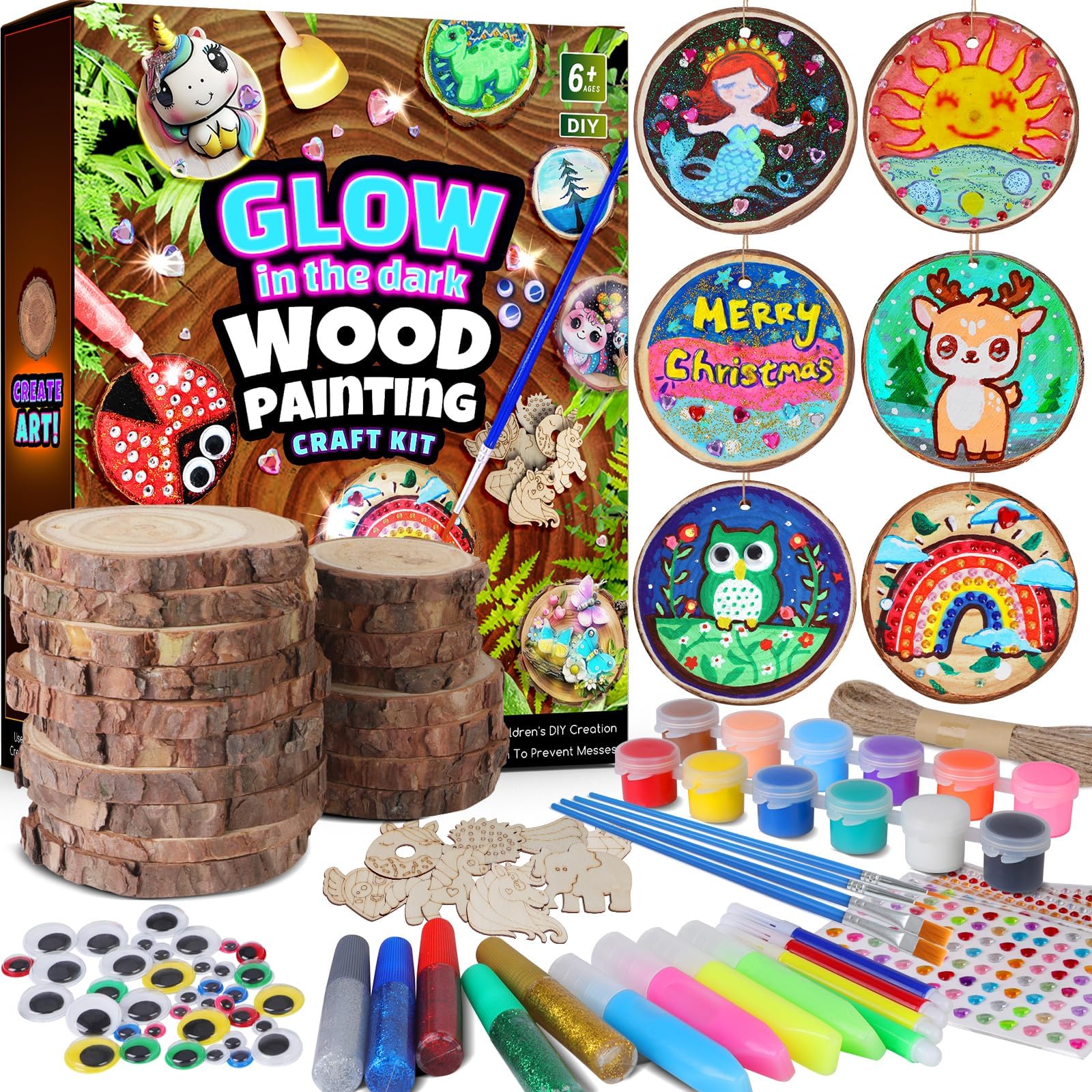 EPUMP Kids Wooden Painting Kit - Glow in The Dark Arts and Crafts Supplies for Boys Girls - Wood Slice Drawing Activities Easter Christmas Party Gifts DIY Paint Toy for 5 6 7 8 9 10 11 12 Years Old