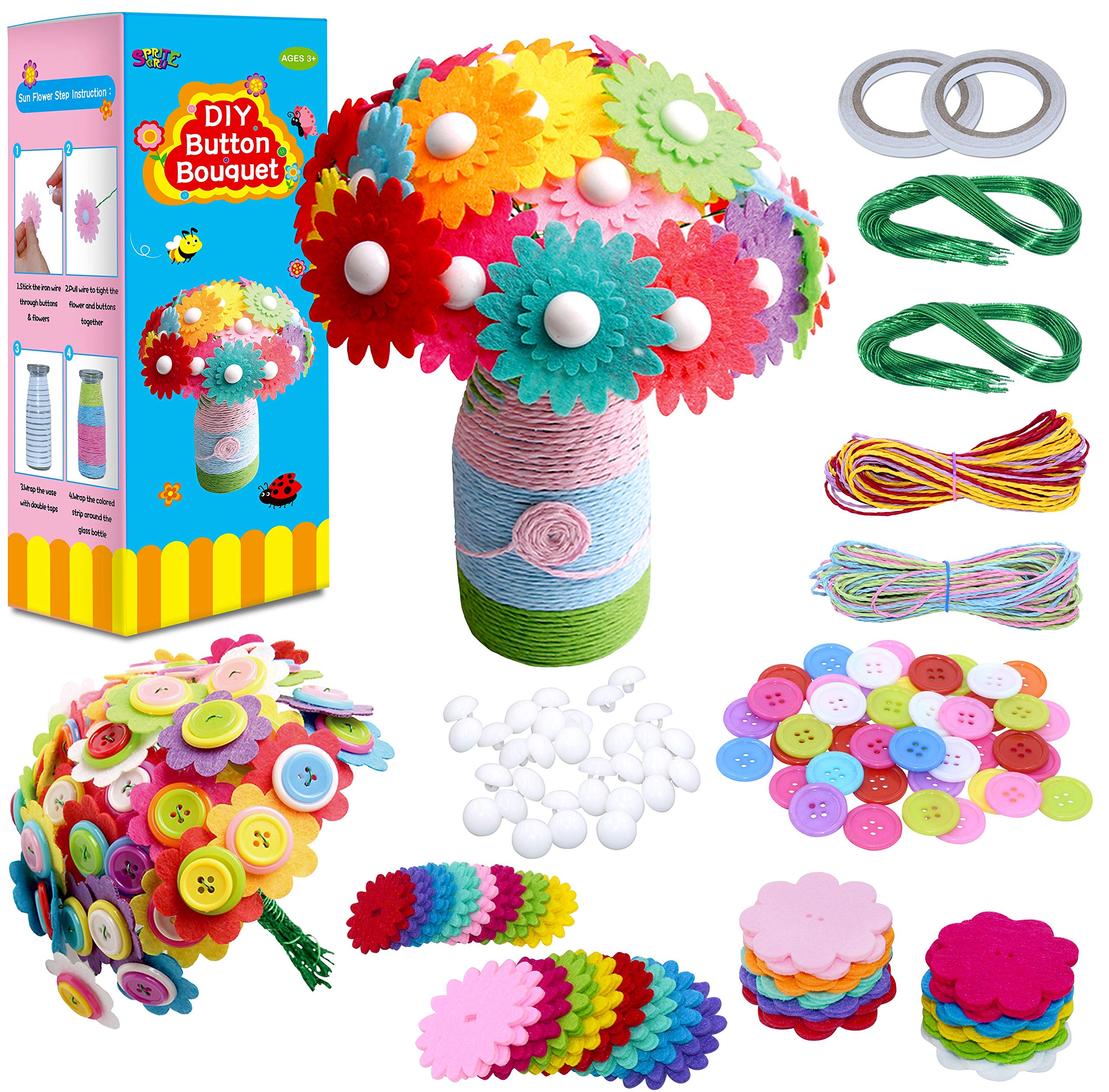SpriteGru Flower Craft Kit for Kids,Make Your Own Flower Bouquet with Buttons,DIY Activity Gift for Boys & Girls Age 4 5 6 7 8 9 10 Year Old(2 Bouquets and 1 Glass Vase)