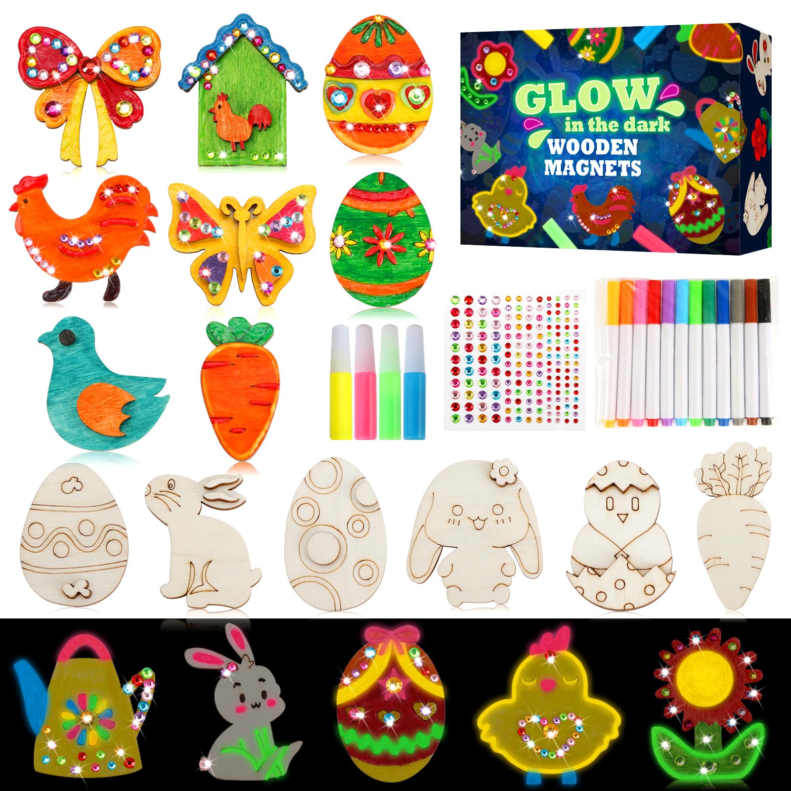 GWAHSA Easter Crafts for Kids, 30pcs Glow in The Dark DIY Wooden Magnets Arts Crafts Supplies Painting Kit for Boys Girls Ages 4-8 8-12 Spring Easter Activities Party Favors Basket Stuffers Toys Gifts