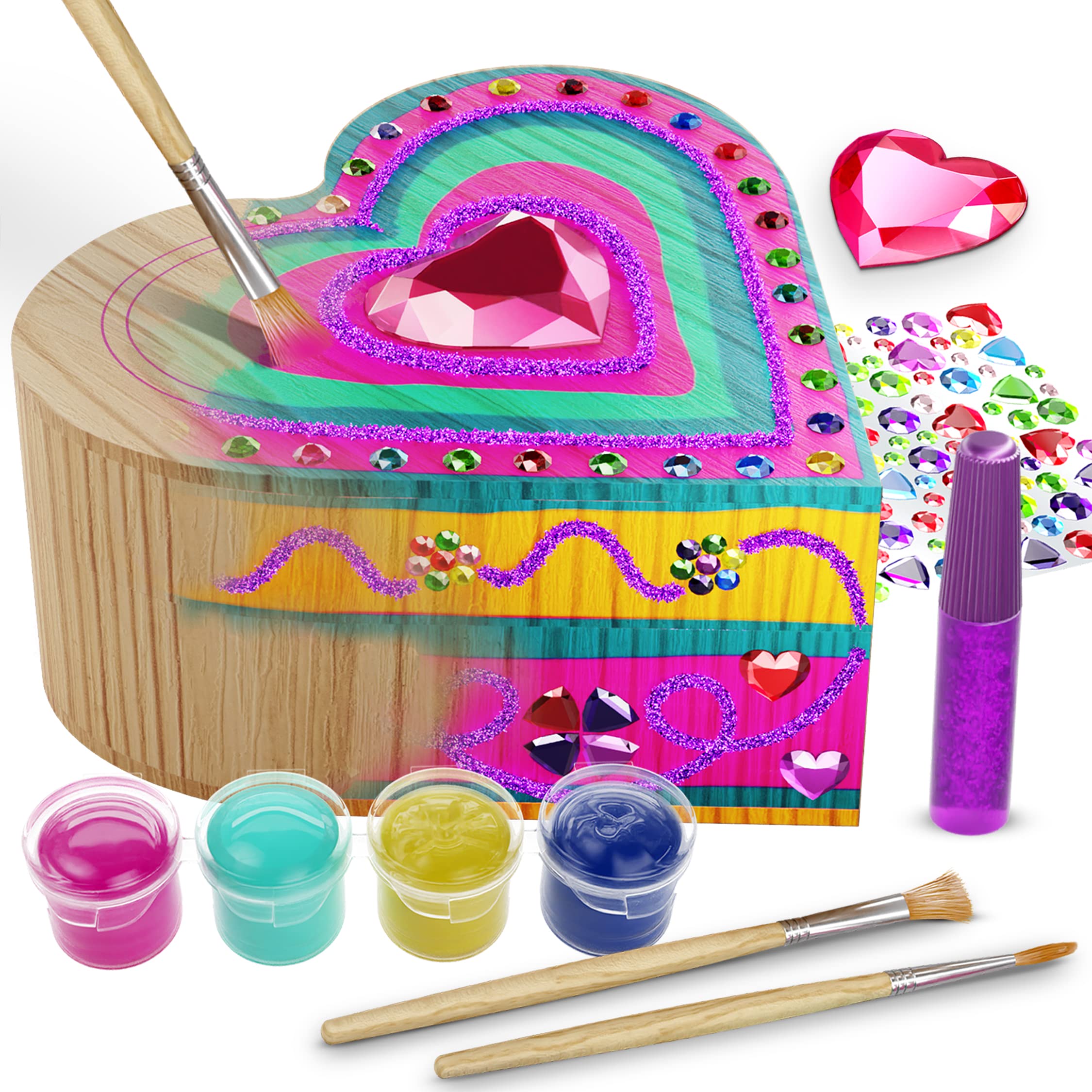 Paint Your Own Wooden Kids Heart Treasure Box Kit - Basket Stuffers - Art Kits for Toddler Girl - Arts and Craft Gifts for Ages 4-6 Year Old Girls - DIY Jewelry Box Toys - Crafts Painting Gift