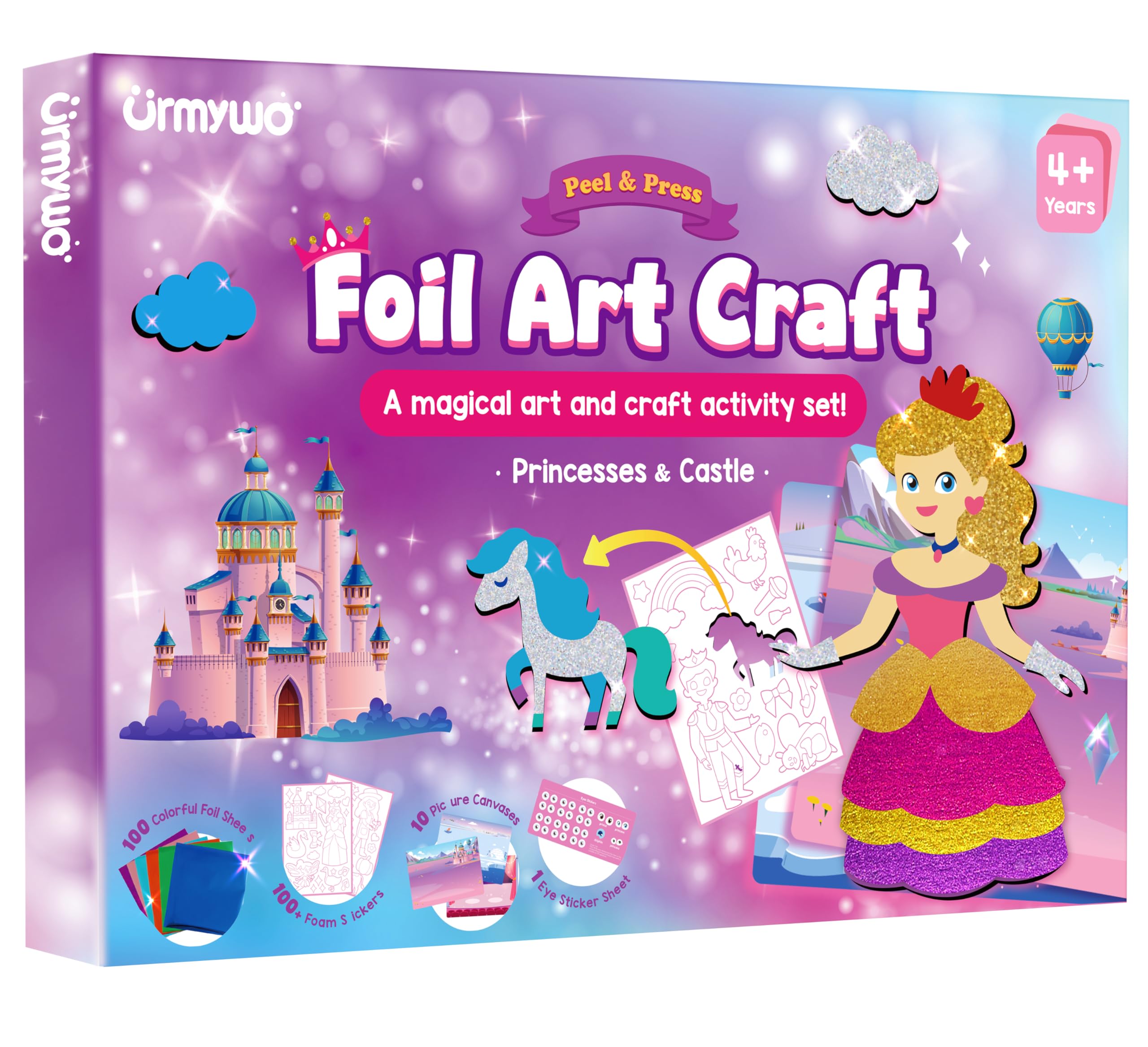 Foil Arts and Crafts for Kids Ages 4-8, Art Craft Supplies Kits, No Mess DIY Creative Travel Toys Activity, Coloring Sticker Books,Easter Basket Stuffers, Princess & Prince & Castle, Gifts for Girls