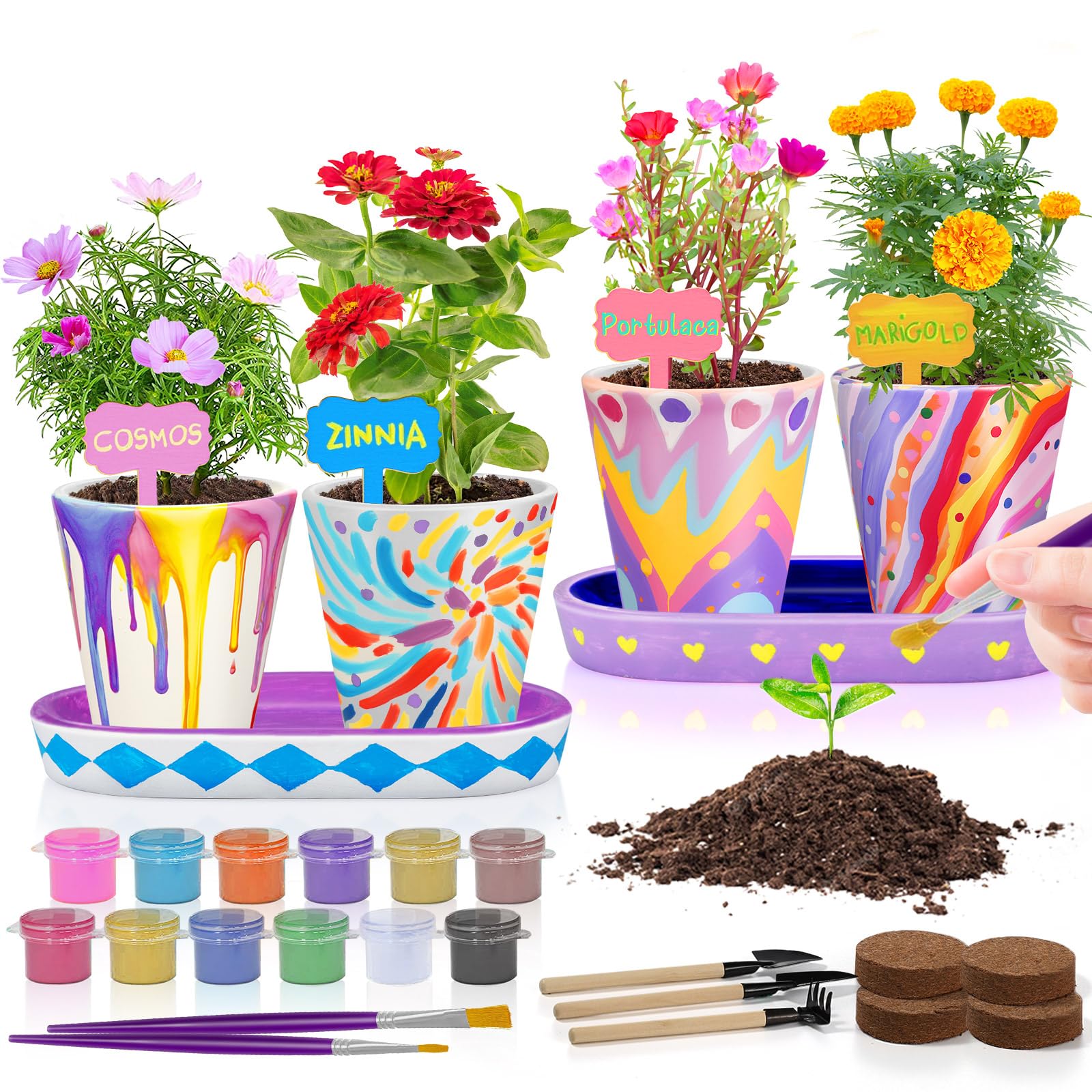 4 Set Paint & Plant Flower Gardening Kit - Gifts for Girls Ages 8-12, Arts and Crafts for Kids Ages 8-12, Kids Gardening Set, Birthday Toys Easter Gifts for Girls Boys Ages 4 5 6 7 8 9 10 11 12
