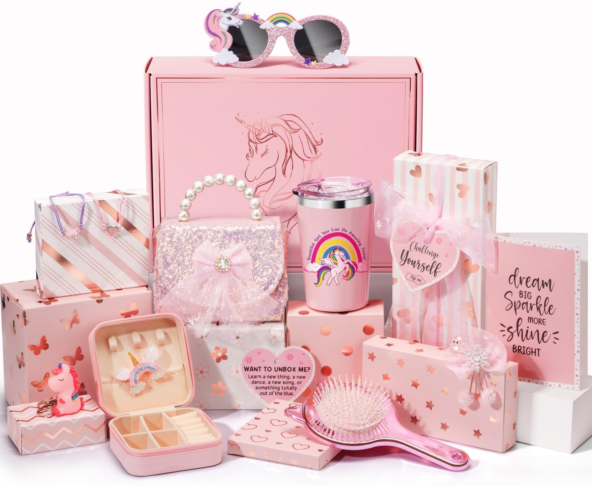 Unicorn Gift Basket for Tween Teen Girls, Kids Easter Gift 8PCS Tween Girls Trendy Stuff Birthday Toys Gift for 4 5 6 7 8 9 10 11 12 Years Old Girl Daughter Niece with Tasks & Empowering Card
