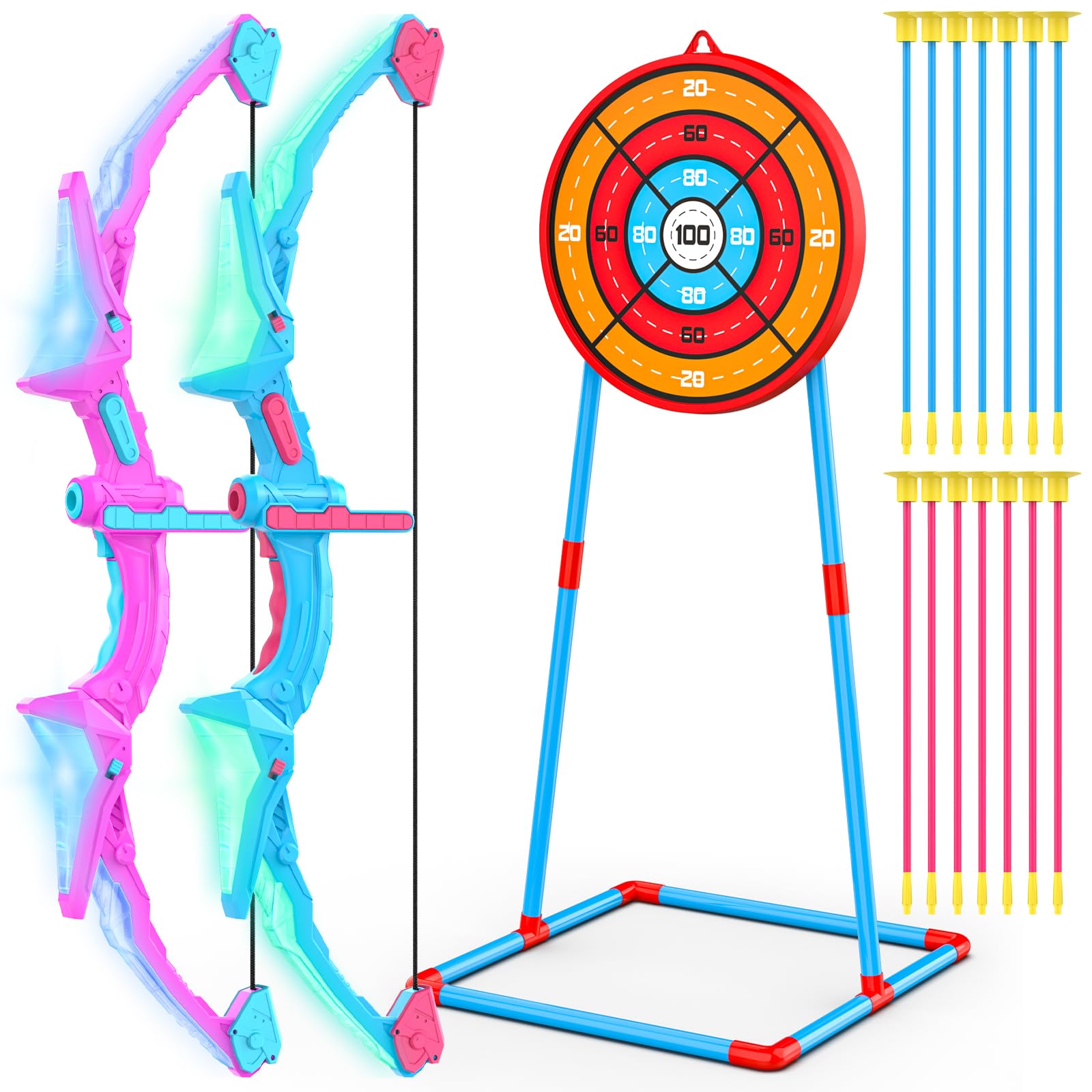 2 Pack of Kids Bow and Arrow Set, Light Up Archery Toy Set with 14 Suction Cup Arrows & Standing Target, Perfect Kids Indoor and Outdoor Toys for 4 5 6 7 8 9 10 Year Girls Boys Birthday Gifts Ideas