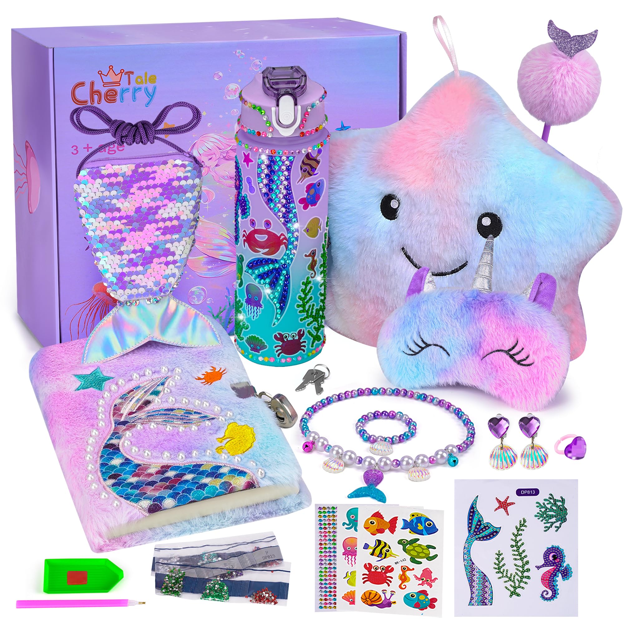 Mermaid Gifts for Girls Age 4 5 6 7 8 9 10, Girls Mermaid Birthday Gifts Set with Light Up Star Pillow Diary Plush DIY Water Bottle Kits Toys