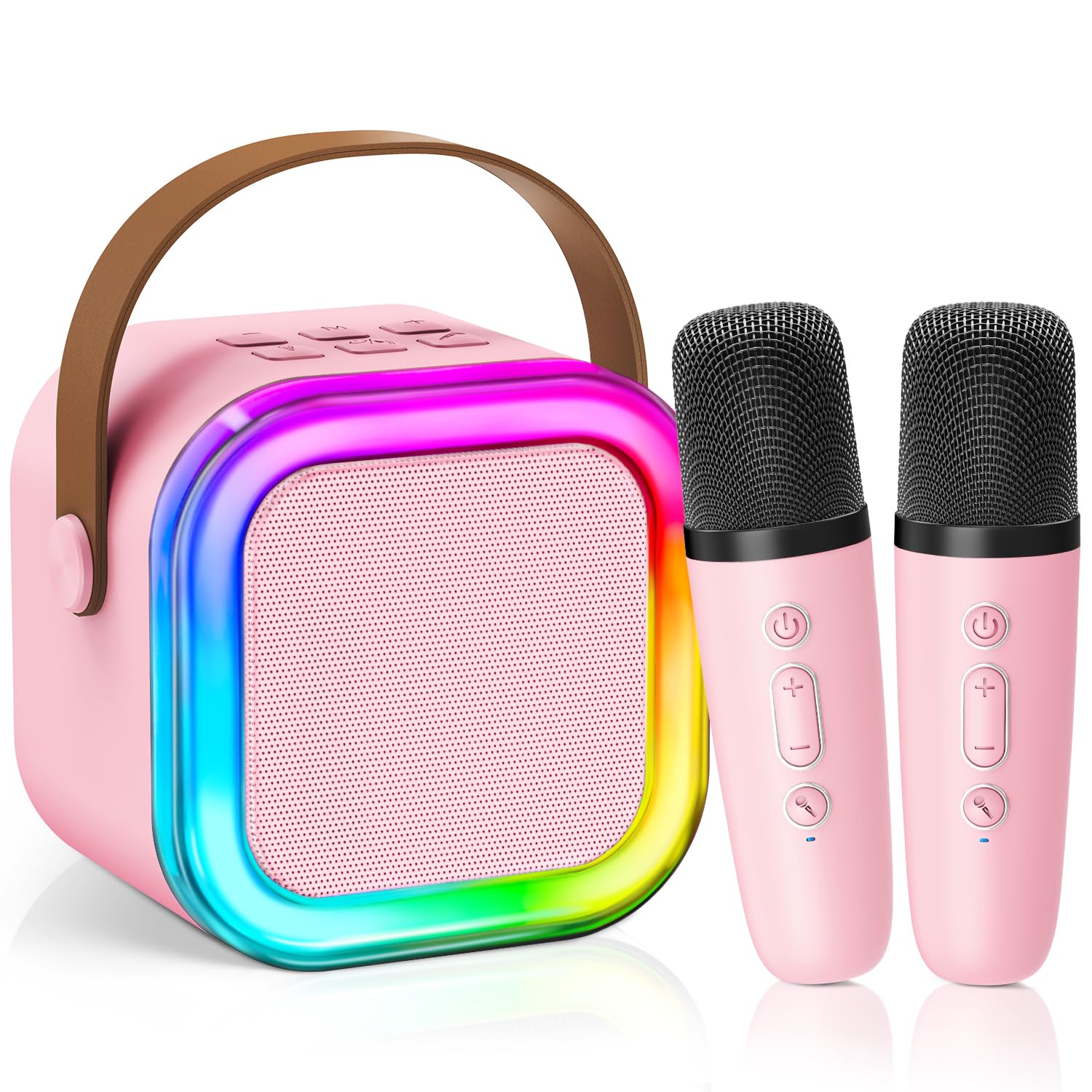 Mini Karaoke Machine for Kids Girls Boys,Birthday Gifts for Ages 4 5 6 7 8+ Year Old,【2025 Newest】 Portable Bluetooth Speaker with 2 Wireless Microphone Lights,Voice Changer,AUX/TF Card Support，Pink