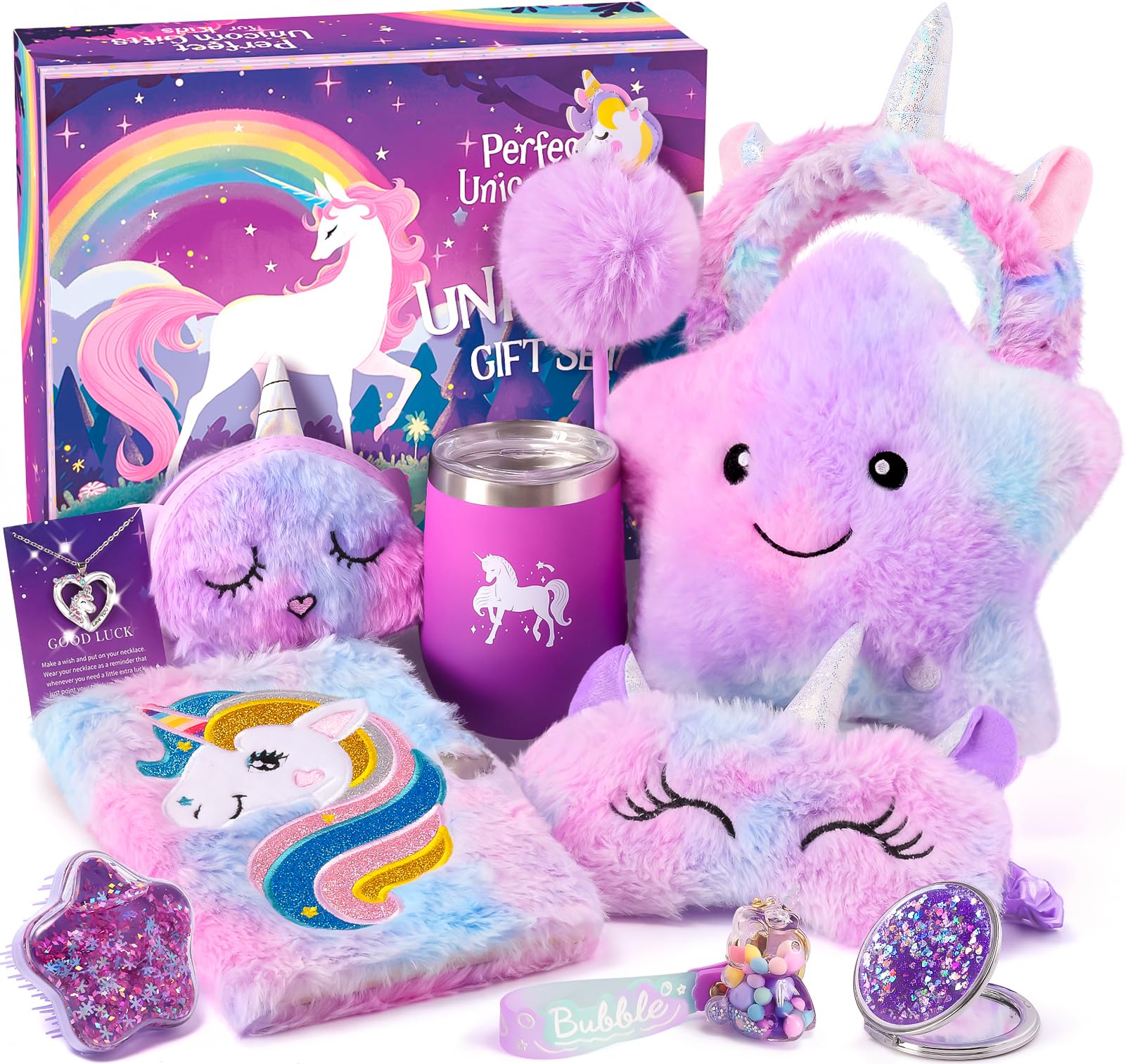 Tacobear Unicorn Gifts for Girls Toys 6 7 8 9 10 Years, 11pcs with Light up Star Pillow Plush Diary Tumbler Headband Mirror Comb, Birthday Christmas Teen Kid Girl Gift Unicorn Toys Aged 6+