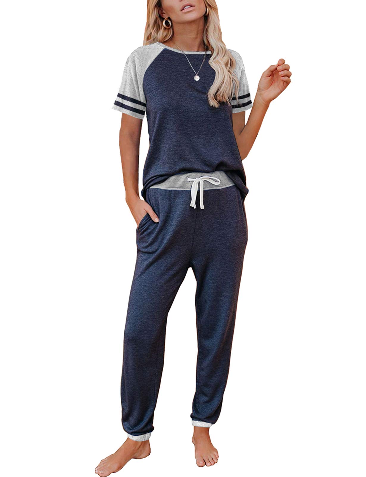 AUTOMET Lounge Sets For Women Two Piece Outfits Loungewear Short Sleeve Crewneck Jogger Pajama Set Sweatpants Tracksuit
