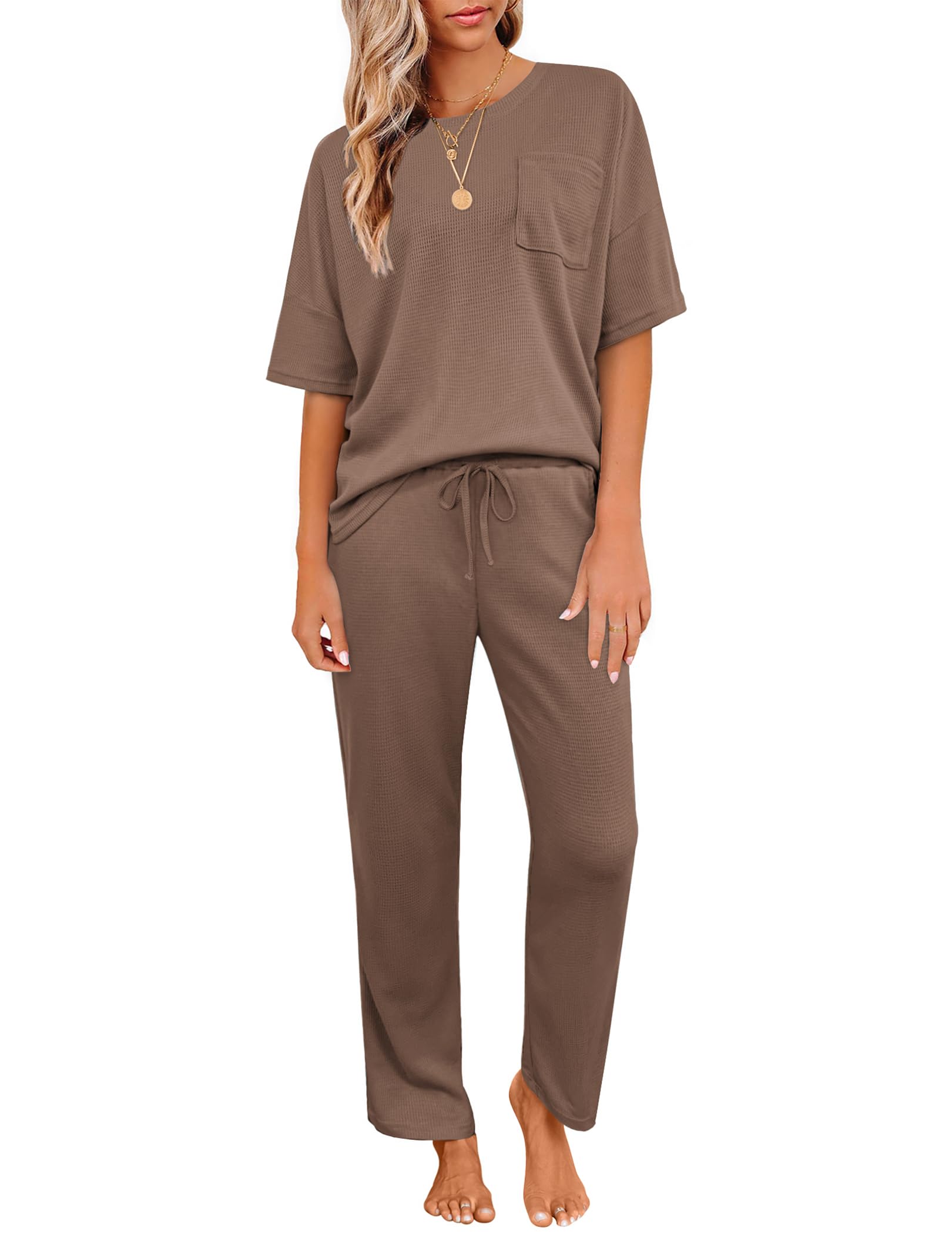 JiniGolla Womens Pajama Sets Waffle Knit Short Sleeve Shirt with Long Pajama Pants Soft Sleepwear Pj Lounge Sets