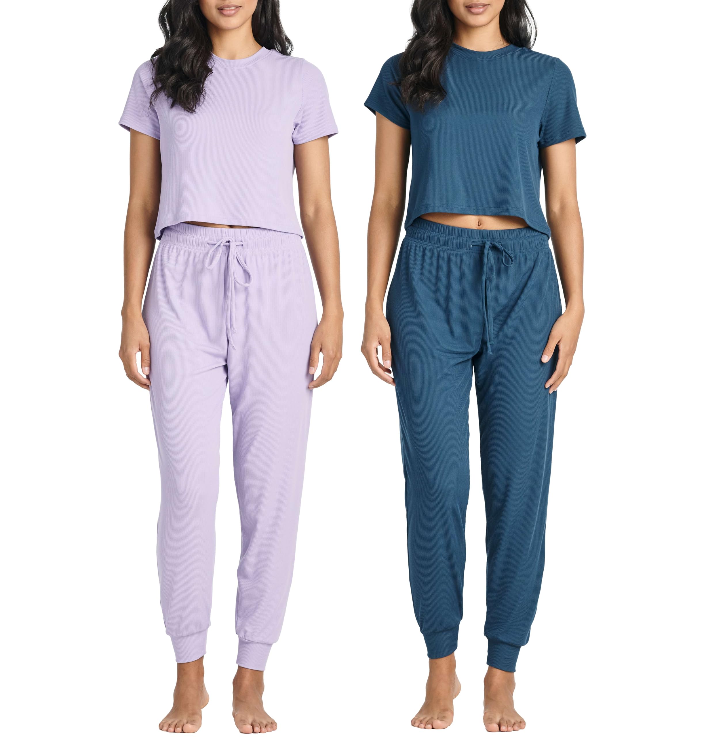 Real Essentials 2 Pack: Women's Ribbed Knit Cropped Short Sleeve Top with Jogger Sweatpants Lounge Set Sleep