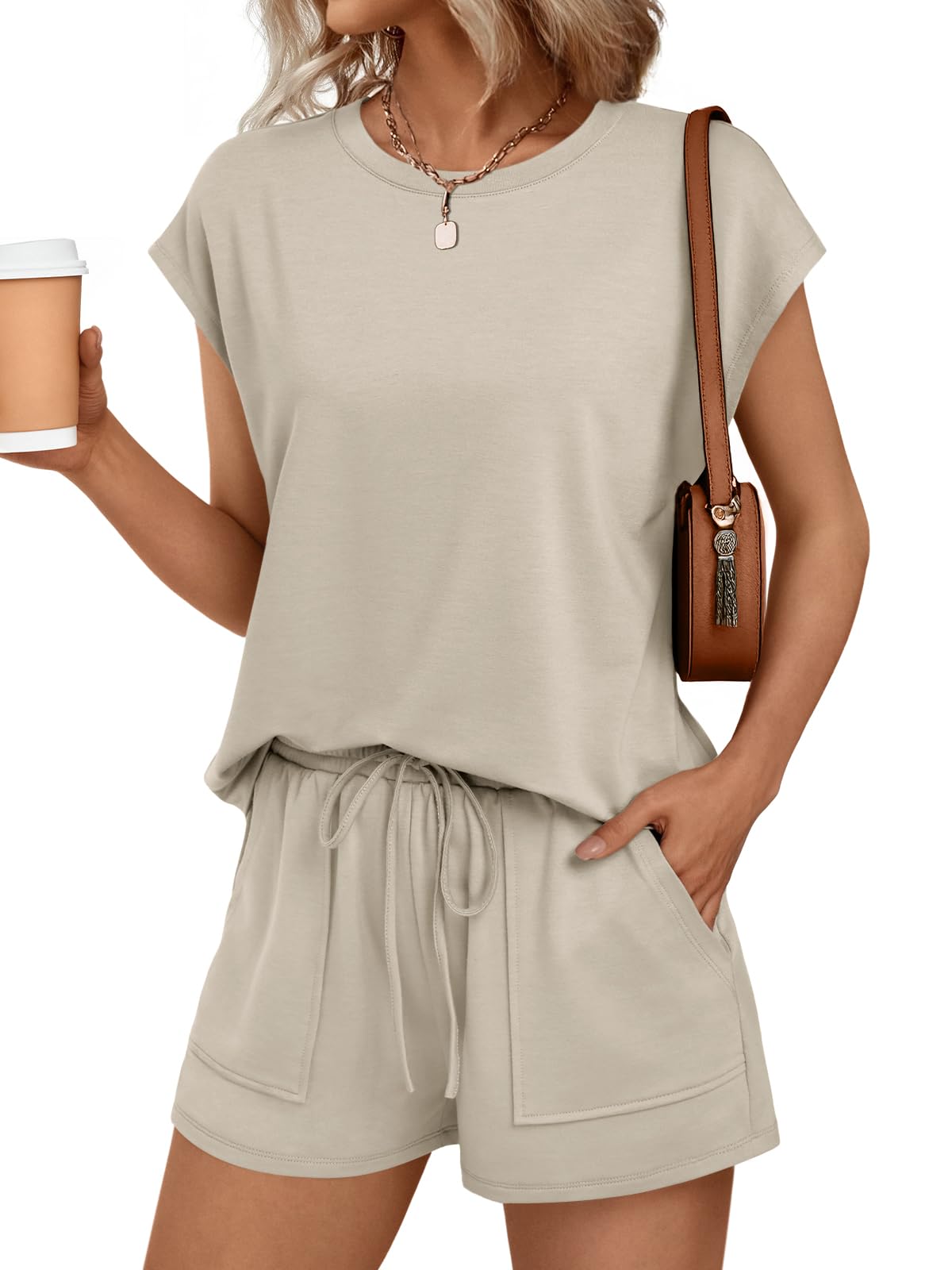 AUTOMET Womens Crew Neck Two Piece short Sets Cap Sleeve Drawstring Summer Sweatsuit with Pocket